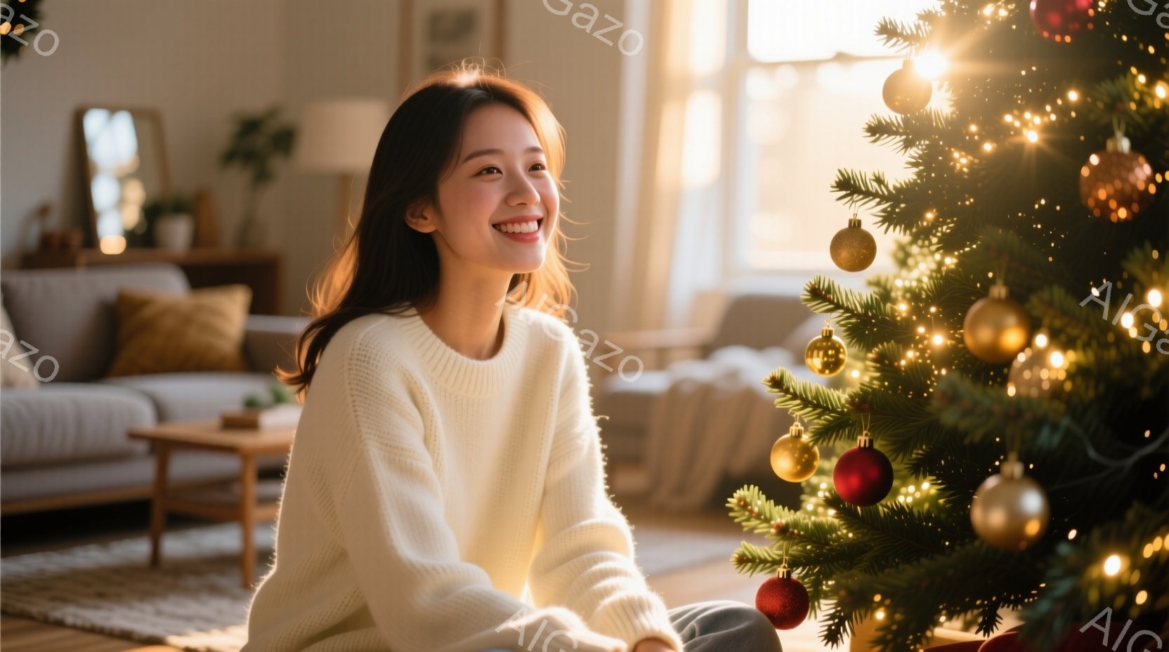 明るいリビングルームで、白いセーターを着た女性が床に座り、クリスマスツリーを見つめて微笑んでいます。彼女は長い髪を自然に垂らし、リラックスした表情で暖かな雰囲気を醸し出しています。背景には、ソファや木製の家具が見え、部屋全体が温かい光に包まれています。
