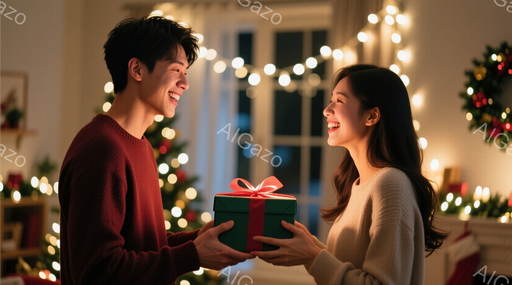 暖炉とクリスマスツリーが飾られた室内で、若い男女がプレゼント交換をしている様子が写っている。男性は赤いセーターを着て微笑み、女性は白いセーターを着て、満面の笑みでプレゼントを受け取っている。背景は温か - AI生成フリー素材