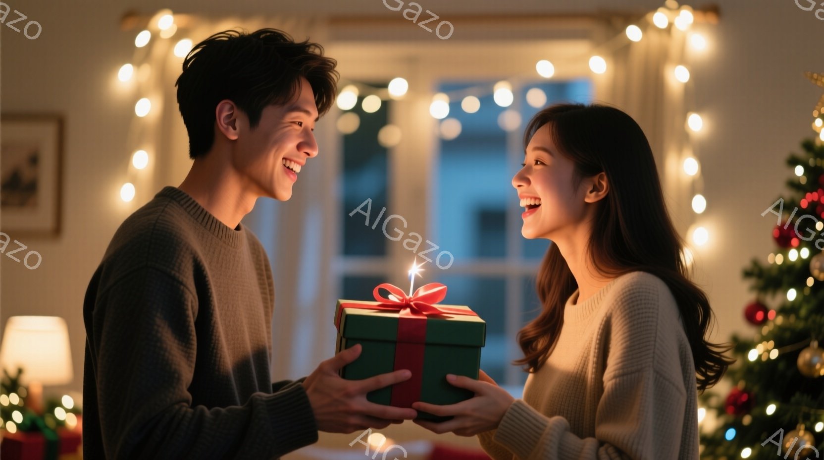暖炉の光が差し込む室内で、若い女性が男性に緑色のリボンで飾られたプレゼントを渡しています。二人は笑顔で目を合わせ、プレゼントには小さな火が灯っており、お祝いの雰囲気を醸し出しています。背景にはクリスマ - AI生成フリー素材