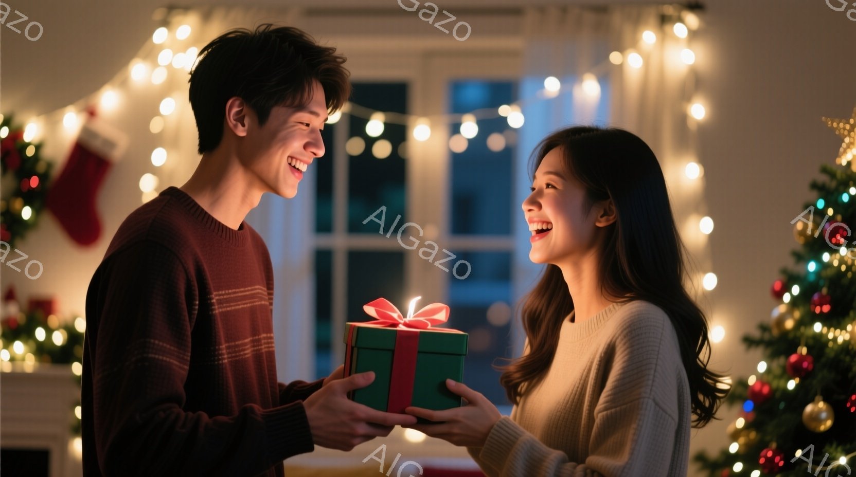室内で若い男女がプレゼントを交換し合っている様子が描かれています。男性は赤いボーダーのセーターを着ており、女性はオフホワイトのセーターを着ています。背景にはクリスマスツリーが飾られ、部屋全体が温かい光で満たされ、幸せなクリスマスの雰囲気が漂っています。
