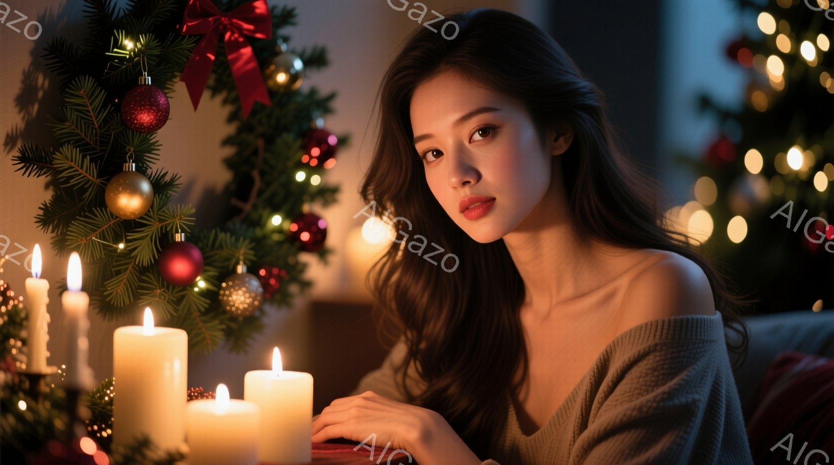長いダークブラウンのウェーブヘアの女性が、オフショルダーのグレーのセーターを着て、わずかに微笑んでいます。彼女はテーブルに寄りかかり、複数の光るキャンドルが彼女の前に置かれています。背景には、飾り付け - AI生成フリー素材
