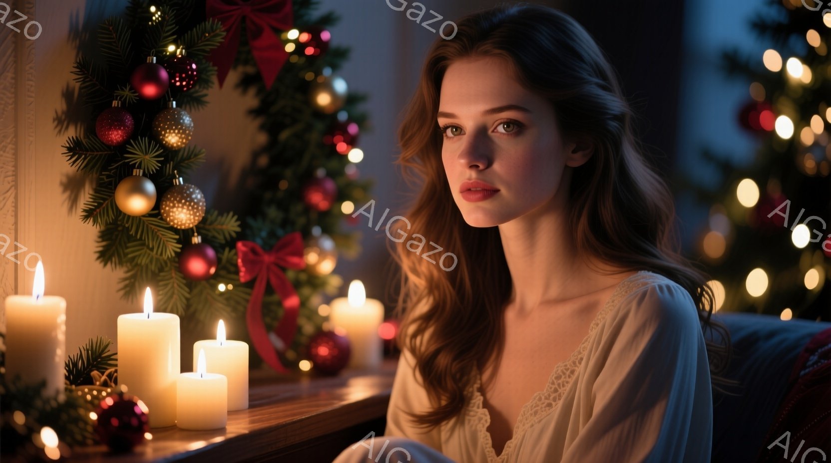 長い茶色の髪をゆるく巻いた女性が、オフホワイトの繊細なレースのブラウスを着ています。彼女は落ち着いた表情で、いくつかの点灯したキャンドルが置かれたテーブルに寄りかかって座っています。背景には、クリスマスツリーの飾りとぼやけた光が散りばめられ、温かく穏やかなクリスマスの雰囲気を醸し出しています。