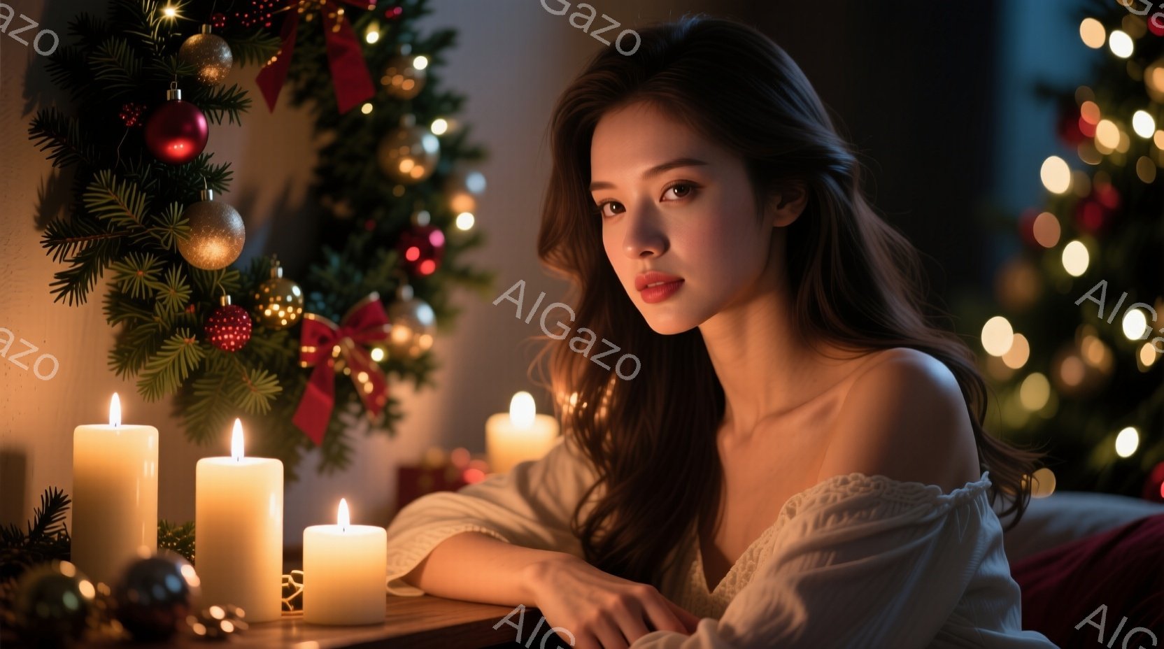 長い茶色の髪を肩にかけ、オフショルダーの白いトップスを着た女性が描かれています。彼女は落ち着いた表情で、ろうそくが灯されたテーブルに寄りかかって座っています。背景には、装飾されたクリスマスツリーとぼやけた光があり、温かくロマンチックな雰囲気を醸し出しています。