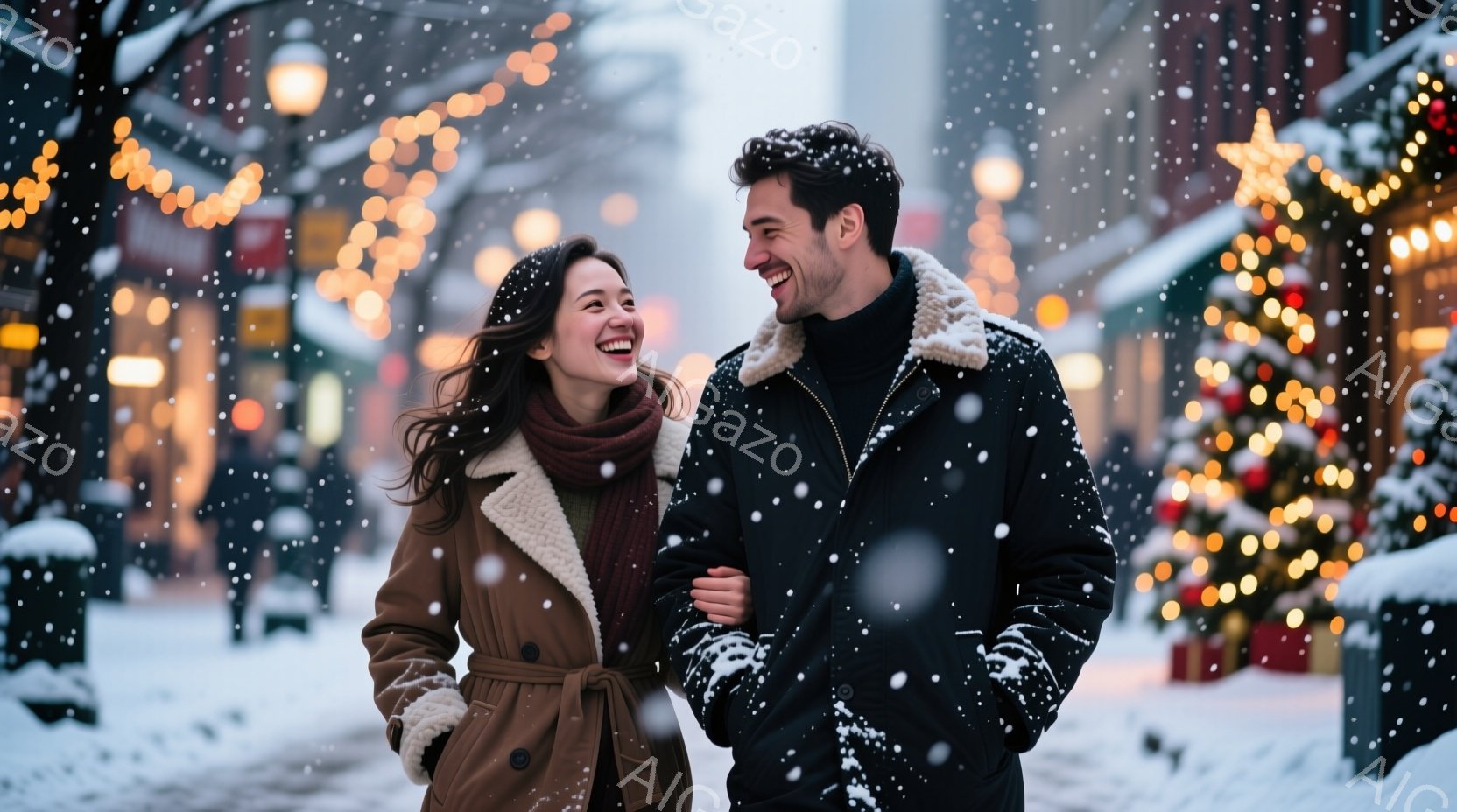 雪が降る街中で、若い男女が楽しそうに歩いている。女性は茶色のコートにオレンジ色のマフラーを巻き、男性は黒いコートを着ており、共に笑顔で互いを見つめ合っている。背景にはクリスマスツリーや装飾が輝き、暖か - AI生成フリー素材