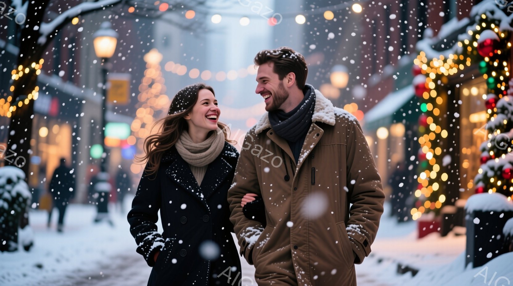 街は雪が降り積もり、クリスマスの飾り付けで華やかに彩られている。若い男女は笑顔で寄り添い、暖かなコートに身を包み、雪の中を歩いている。背景には、クリスマスツリーやイルミネーションが輝き、温かく幸せな雰 - AI生成フリー素材