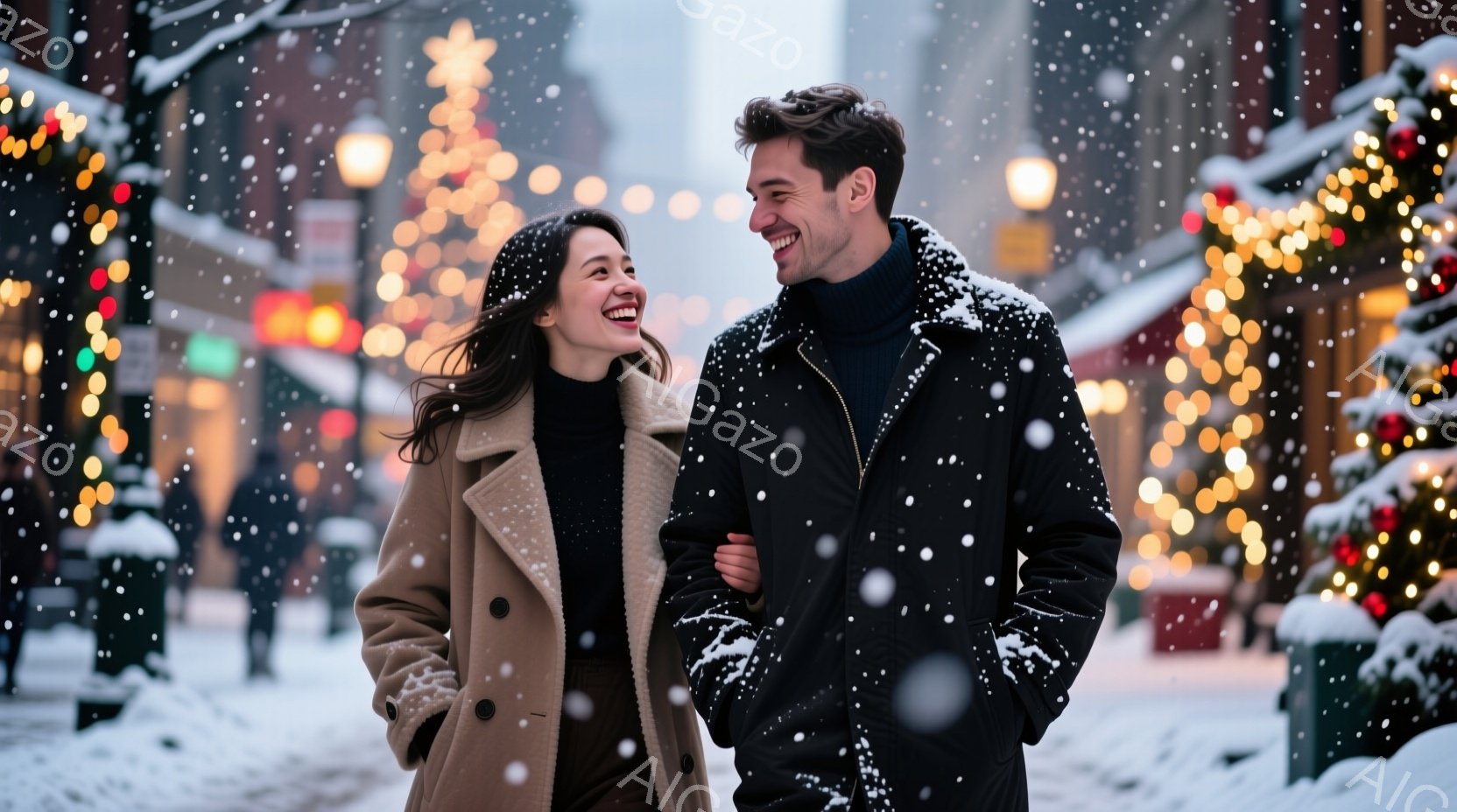 街中を歩く若い男女が写っており、女性はベージュ色のコートを着て笑顔を見せています。男性は黒いジャケットを着ており、女性の方を見て微笑んでいます。背景にはクリスマスの飾り付けが施された建物や街路樹があり - AI生成フリー素材