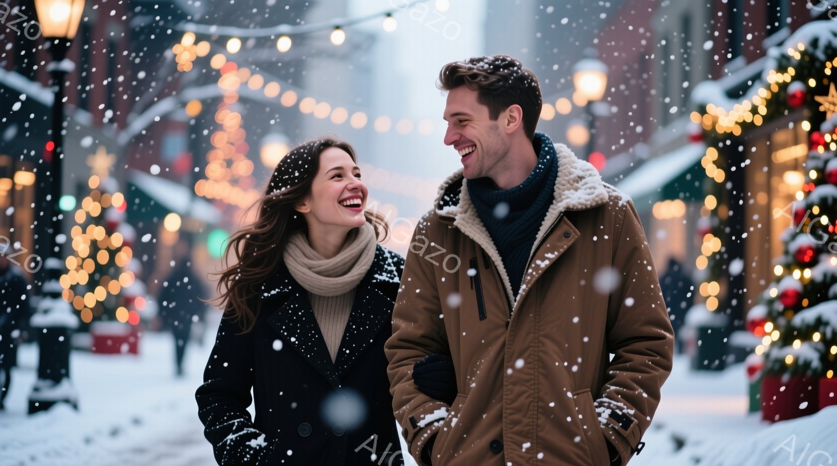 雪が降る街中で、笑顔の男女が寄り添って歩いている。女性は黒のコートに長い茶色の髪、男性は茶色のジャケットにヒゲを生やしており、共に暖かく防寒している。背景には、キラキラと輝くイルミネーションやクリスマ - AI生成フリー素材