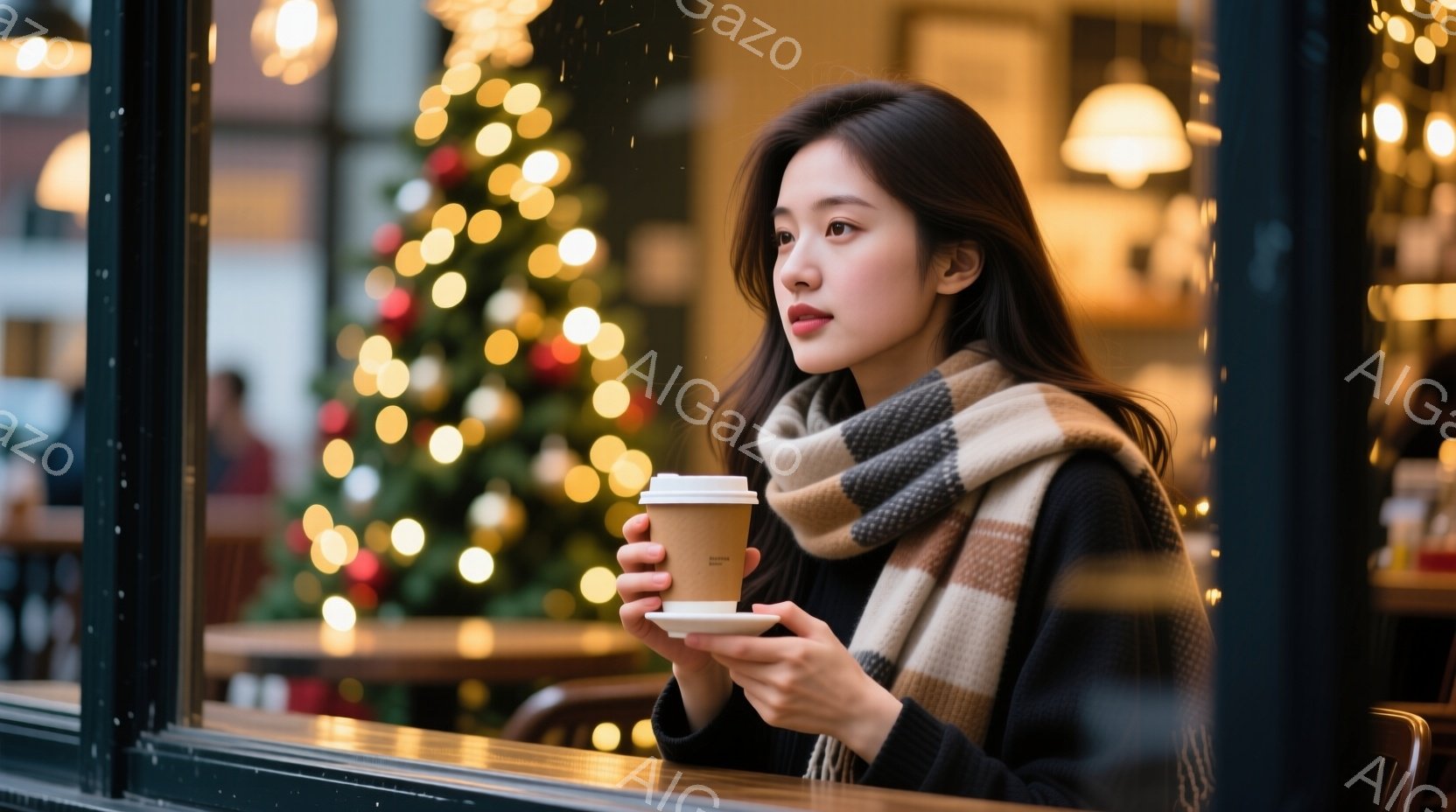 長いダークブラウンの髪を肩にかかるように下ろし、チェック柄の暖かいマフラーを巻いた女性が、紙コップに入った温かい飲み物を持っています。彼女は少し物思いにふけった表情で、窓の外を見つめています。背景には - AI生成フリー素材