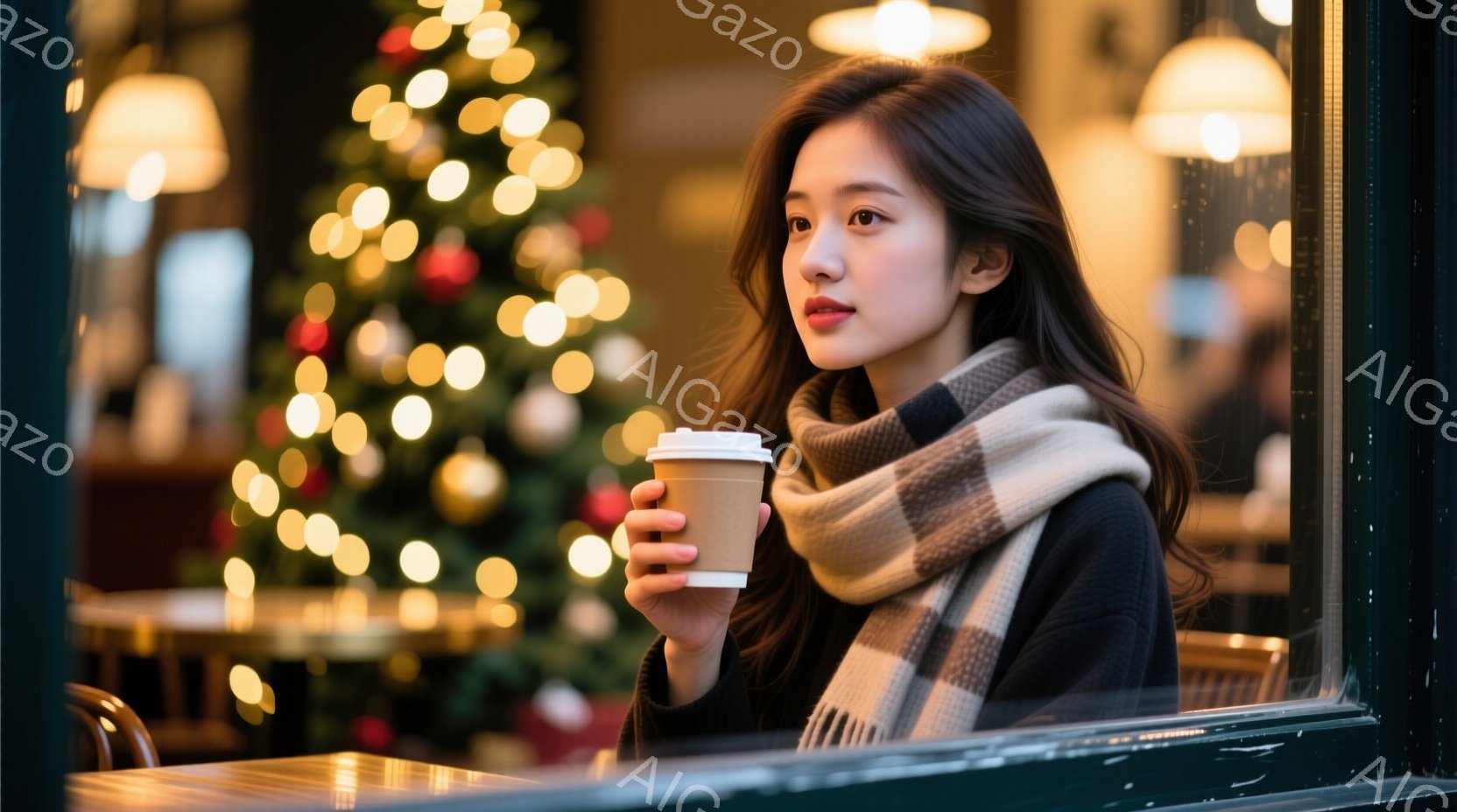 長い黒髪を肩にかける女性が、テイクアウトカップを手に窓辺に座っています。彼女は黒いセーターとチェック柄の暖かいスカーフを着ており、少し物憂げな表情で遠くを見つめています。背景にはぼやけたクリスマスツリ - AI生成フリー素材