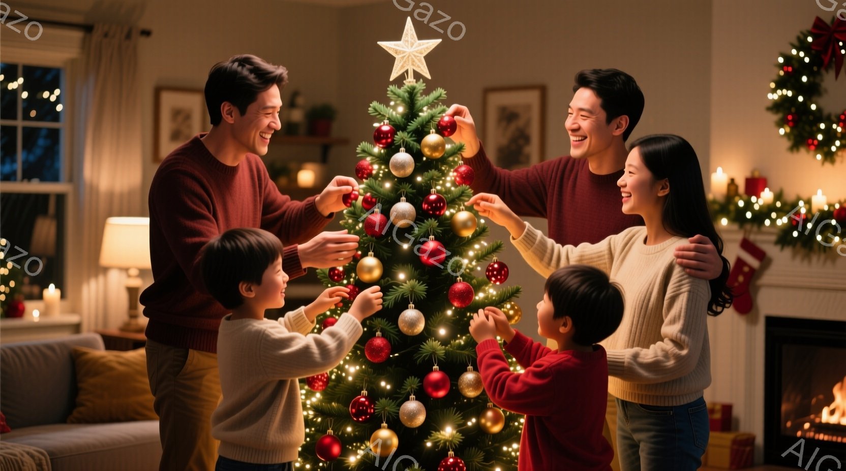 家族がクリスマスツリーを飾り付けている様子が描かれている。父親は赤いセーターを着て笑顔でオーナメントを取り付け、母親は白いセーターを着て、子供たちと一緒にツリーを見上げている。背景には暖炉やクリスマス - AI生成フリー素材