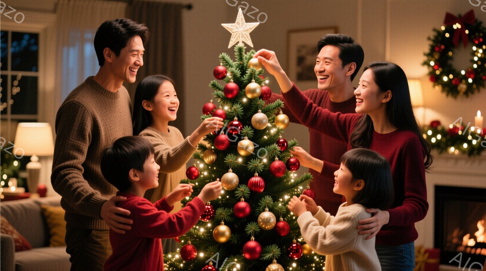 家族がクリスマスツリーを飾り付けている様子が写っている。父、母、息子と娘は皆赤いセーターやクリーム色のニットを着ており、笑顔でツリーにオーナメントを取り付けている。背景には暖炉と飾り付けられたクリスマ - AI生成フリー素材