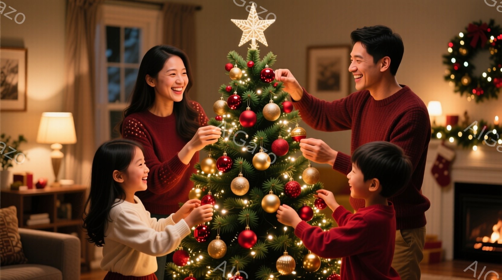 家族がクリスマスツリーを飾り付けている様子が写っている。母親は長い黒髪で笑顔を見せながらオーナメントを取り付け、父親は少し高い場所のオーナメントを取り付けている。背景には暖炉や装飾が施された部屋が見え - AI生成フリー素材