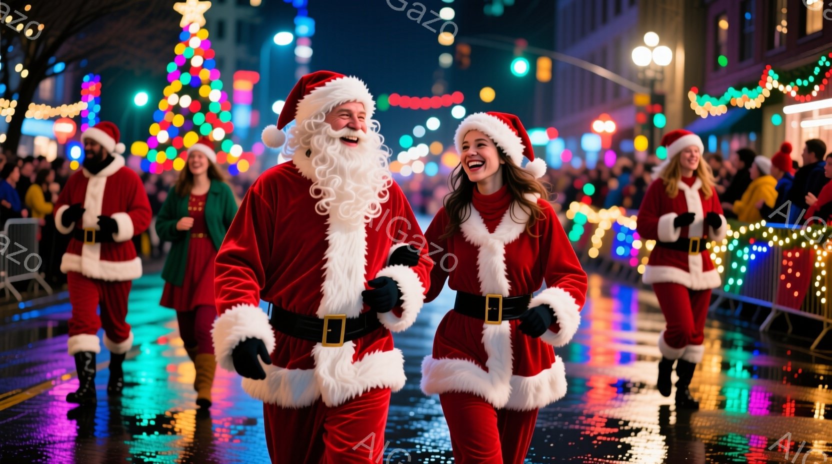 道路にはサンタクロースの衣装を着た人々が複数写っており、男性は白い長い髭と髪で、陽気に笑っています。女性たちは赤いベルベットのスーツに白いトリミングがあり、笑顔で前を見つめています。背景には、きらめくカラフルなライトで飾られた建物が並び、濡れた道路が光を反射して、お祭り騒ぎの楽しい雰囲気を醸し出しています。