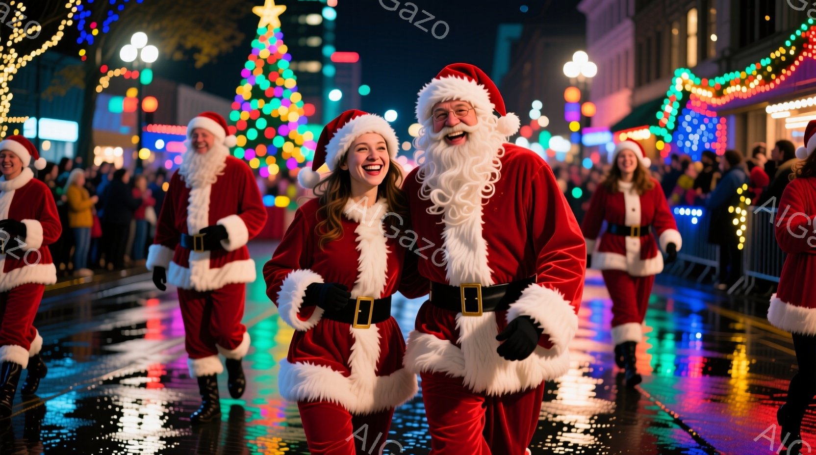 多くの人々がサンタクロースの衣装を着て、夜の街を歩いている。彼らは赤いジャンプスーツと白いトリミング、そしてサンタ帽をかぶっており、楽しそうに笑っている。背景には、カラフルなイルミネーションで飾られた建物と、濡れた路面が光を反射している様子が見られ、活気のあるお祭りの雰囲気が漂っている。
