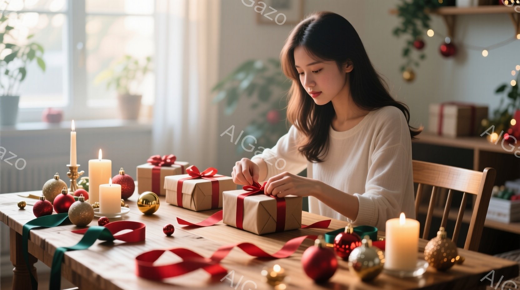 長い髪をセンターパートにした女性が、クリスマスプレゼントのラッピングに集中しています。白いセーターを着ており、木製のテーブルの上にはラッピングリボンや、赤いオーナメント、点灯したキャンドルが置かれています。背景には棚や植物が見え、暖かく穏やかなクリスマスの雰囲気が漂っています。