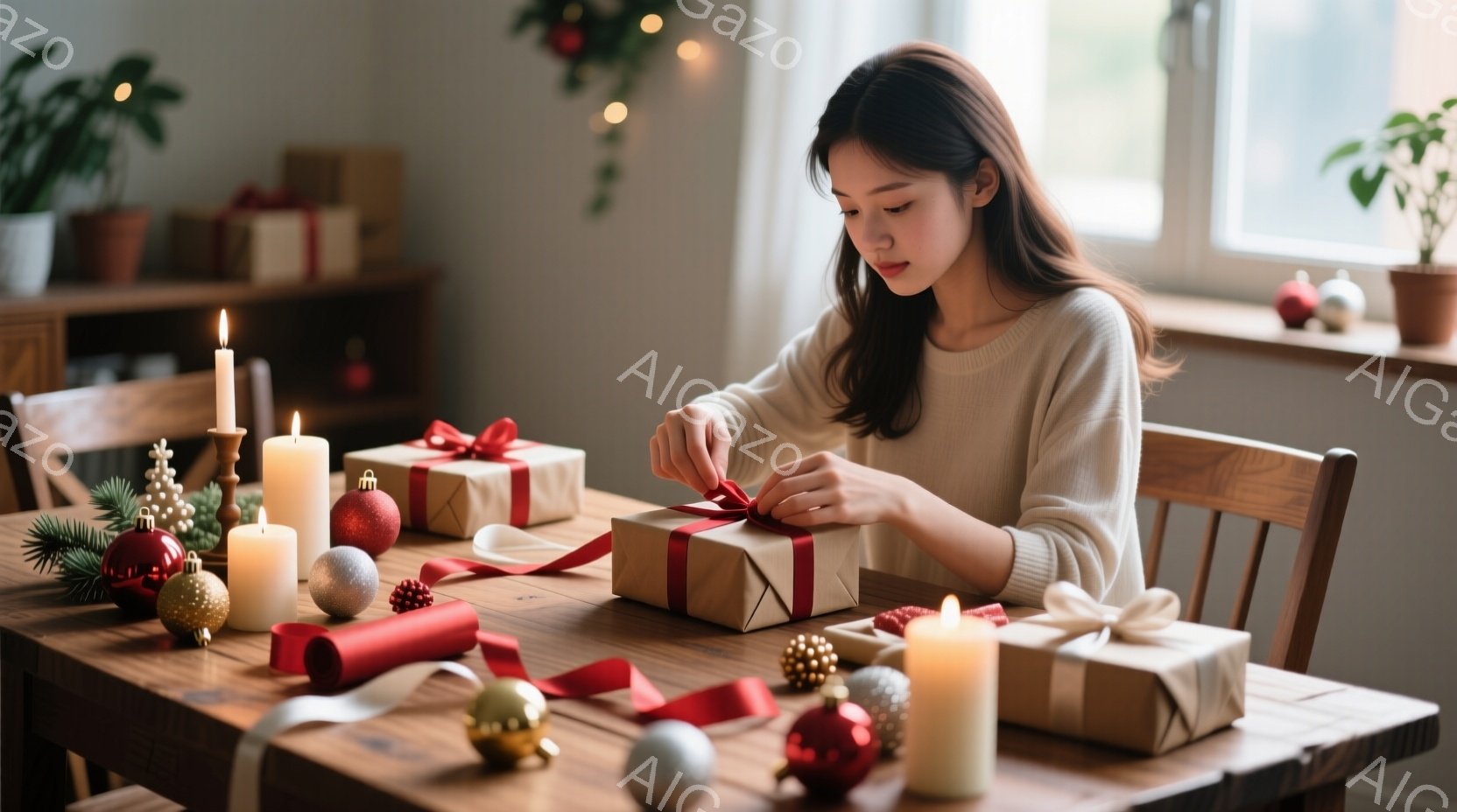 長い髪を後ろでまとめた女性が、木製のテーブルでプレゼントのラッピングをしています。彼女はベージュ色のセーターを着ており、集中した表情で赤いリボンを結んでいます。背景にはキャンドル、クリスマスオーナメント、植物が置かれ、温かく穏やかなクリスマスの雰囲気が漂っています。