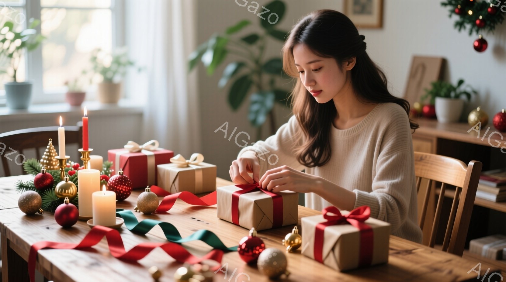 明るい木製のテーブルの上に、女性がプレゼントのラッピングをしています。彼女はオフホワイトのセーターを着ており、長いダークブラウンの髪はゆるく後ろに流れています。背景には、キャンドル、クリスマスオーナメント、観葉植物が見え、暖かく、居心地の良いクリスマスの雰囲気を醸し出しています。