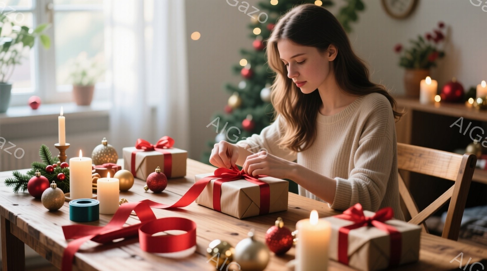 暖炉のある木製のテーブルで、女性がプレゼントをラッピングしています。彼女はベージュのセーターを着ており、髪は肩まで伸びています。背景にはクリスマスツリーやキャンドルが置かれ、暖かく穏やかなクリスマスの - AI生成フリー素材