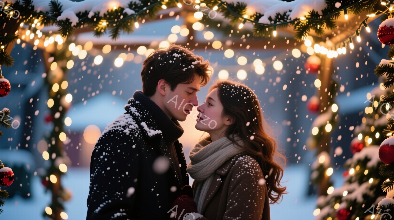 雪が舞う中で、若い男女が互いに顔を寄せ合い、優しい眼差しを交わしている。男性は黒いコートに身を包み、女性はベージュのコートにオフホワイトのストールを巻き、赤い手袋を着用している。背景にはクリスマスのイルミネーションが輝き、雪景色の中に暖かくロマンチックな雰囲気が漂っている。