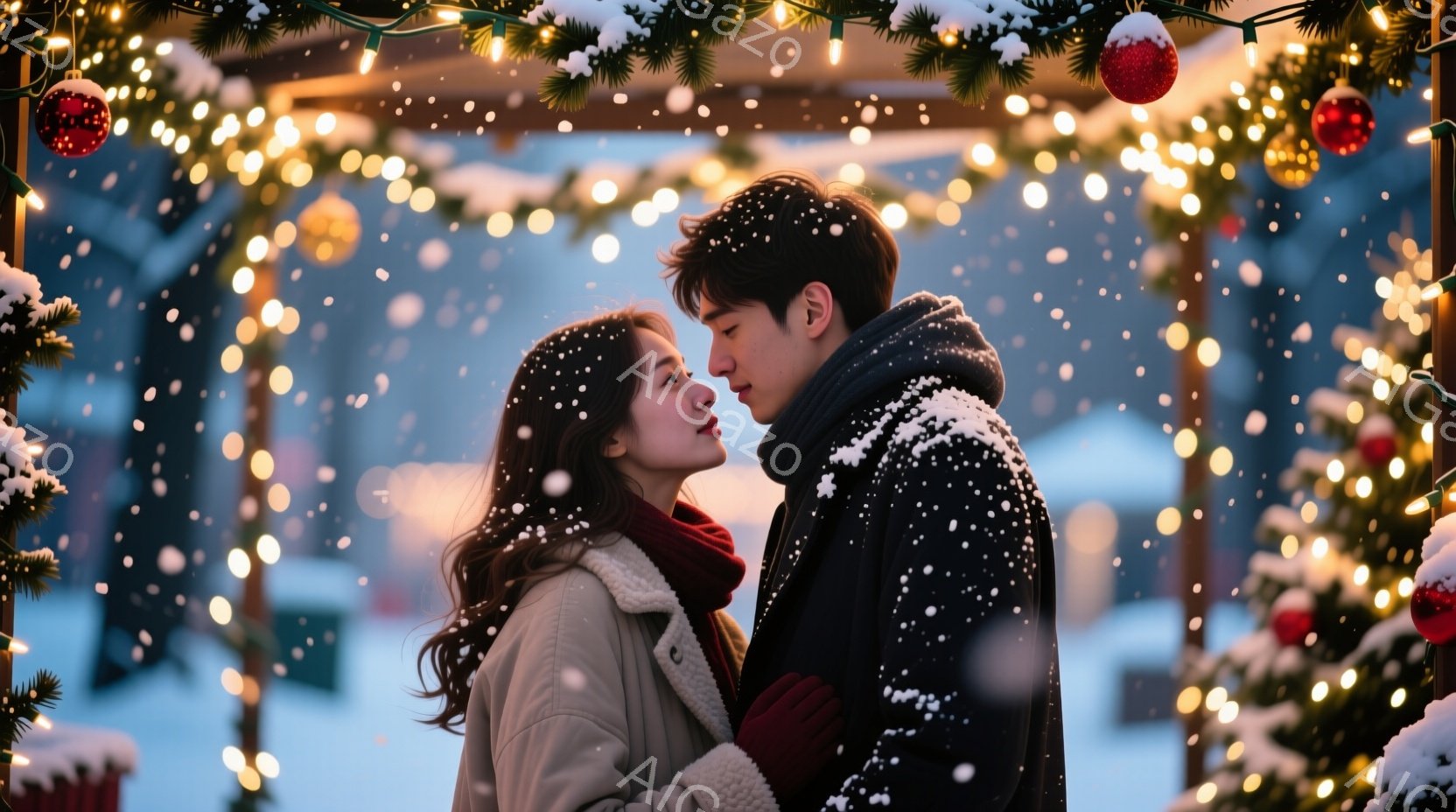 暖炉のような明るい光に包まれた中で、若い男女が顔を寄せ合っています。女性はベージュ色のコートに赤いマフラーを巻き、長い髪をなでつけています。男性は黒いコートを着ており、二人は雪が舞う中で親密な雰囲気を - AI生成フリー素材