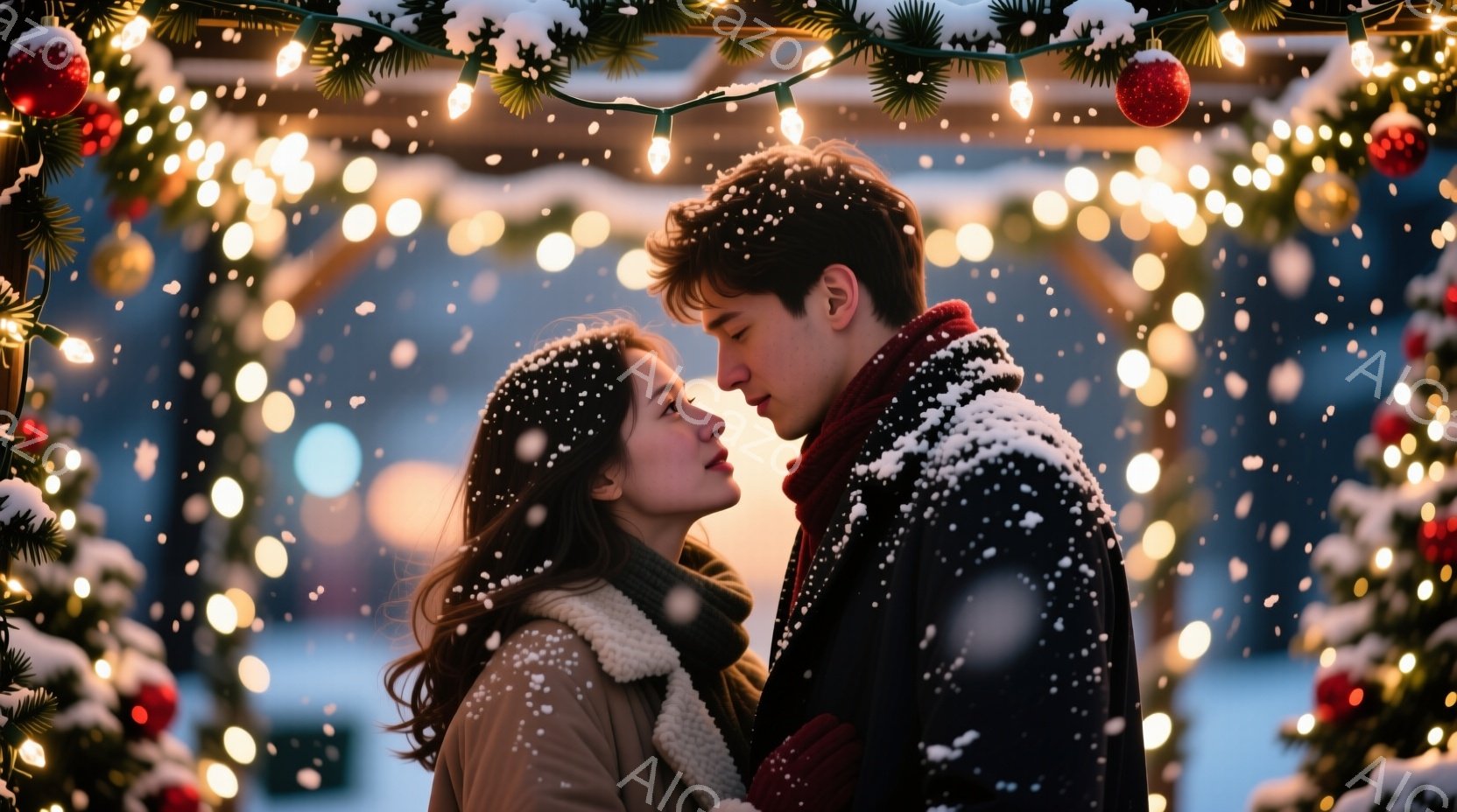 暖炉のような温かい光に照らされた、雪が舞う屋外で、若い男女が寄り添い合っている。女性は茶色のコートに白いマフラーを巻き、長く緩やかなウェーブヘアを垂らしており、優しい微笑みを浮かべている。男性は黒いコ - AI生成フリー素材