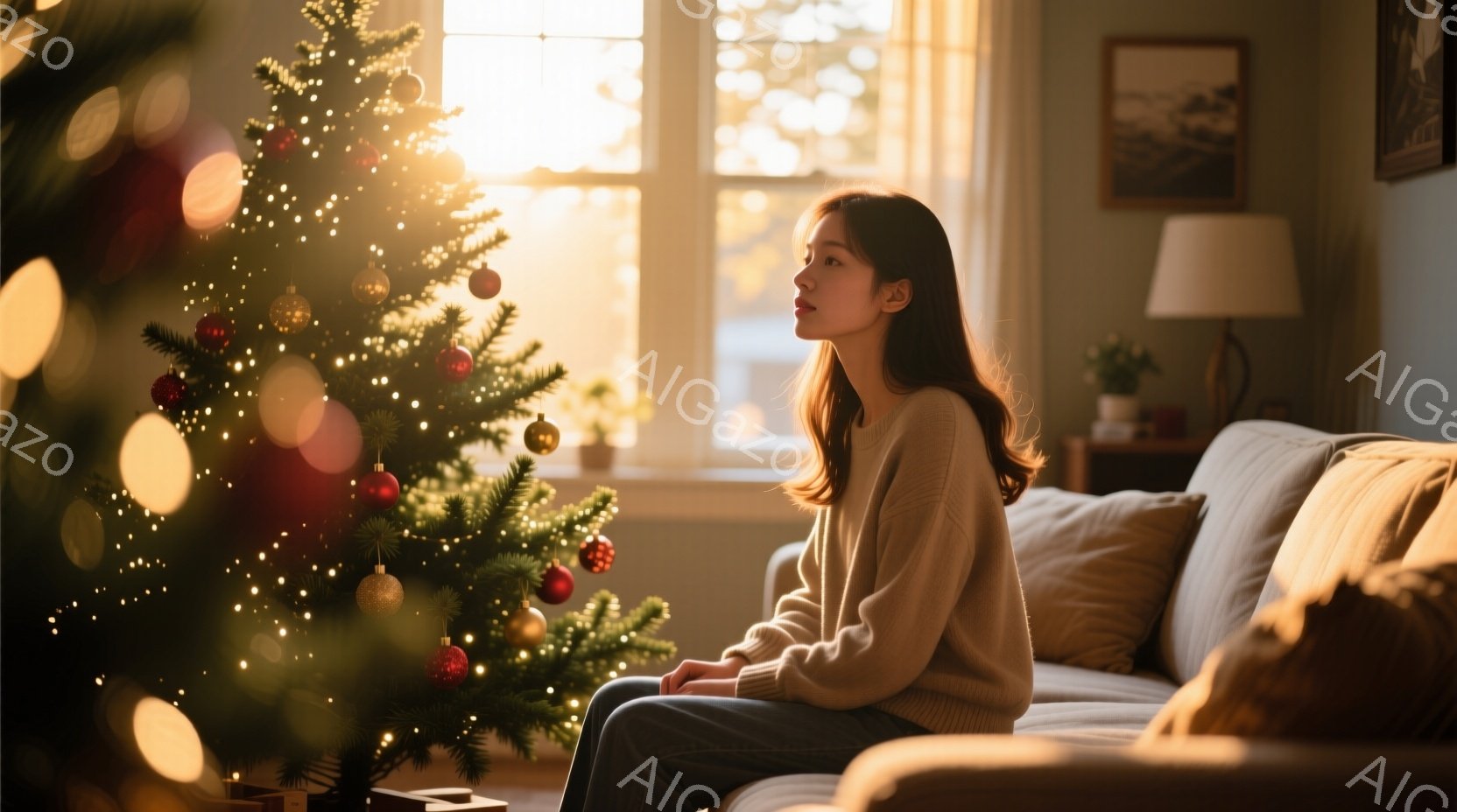 暖炉のそばのソファに座る若い女性は、ベージュ色のセーターとジーンズを着ています。彼女は髪を後ろに流し、窓の外を見つめて物思いにふけっているようです。背景には、飾り付けられたクリスマスツリーと柔らかな光 - AI生成フリー素材