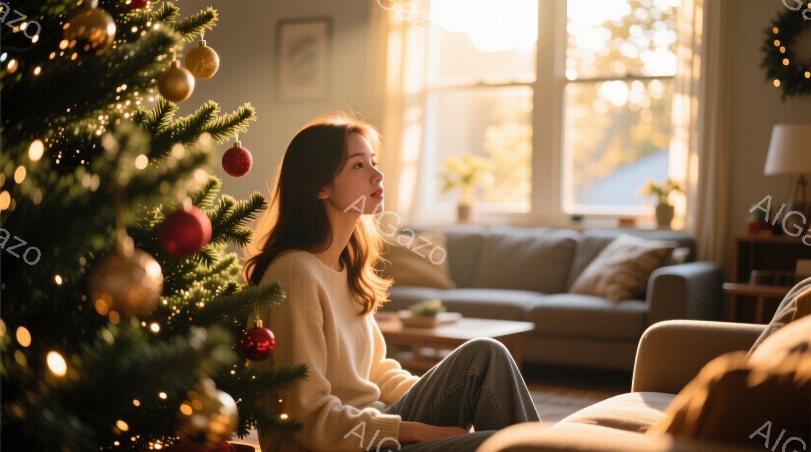 室内にはクリスマスツリーが飾られ、温かい光が差し込むリビングで、女性が座っています。オフホワイトのセーターを着ており、長い髪は自然に肩にかかっています。彼女はリラックスした姿勢で遠くを見つめ、どこか物 - AI生成フリー素材
