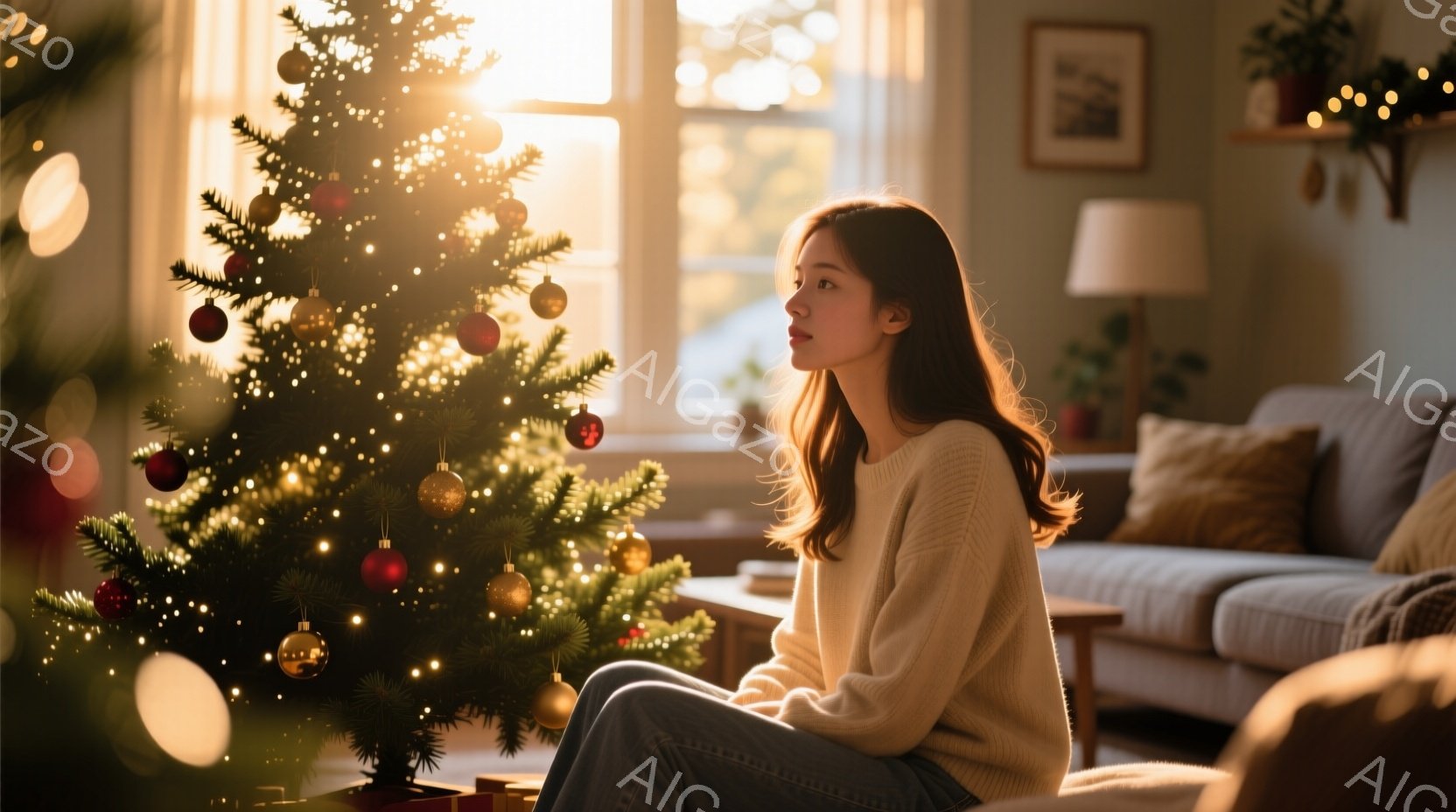 若い女性がクリスマスツリーの前に座り、遠くを見つめています。オフホワイトのセーターとグレーのパンツを身につけ、長い髪はゆるく肩にかかっています。背景には、ソファと植物、そして暖かい光が差し込む窓が見え - AI生成フリー素材