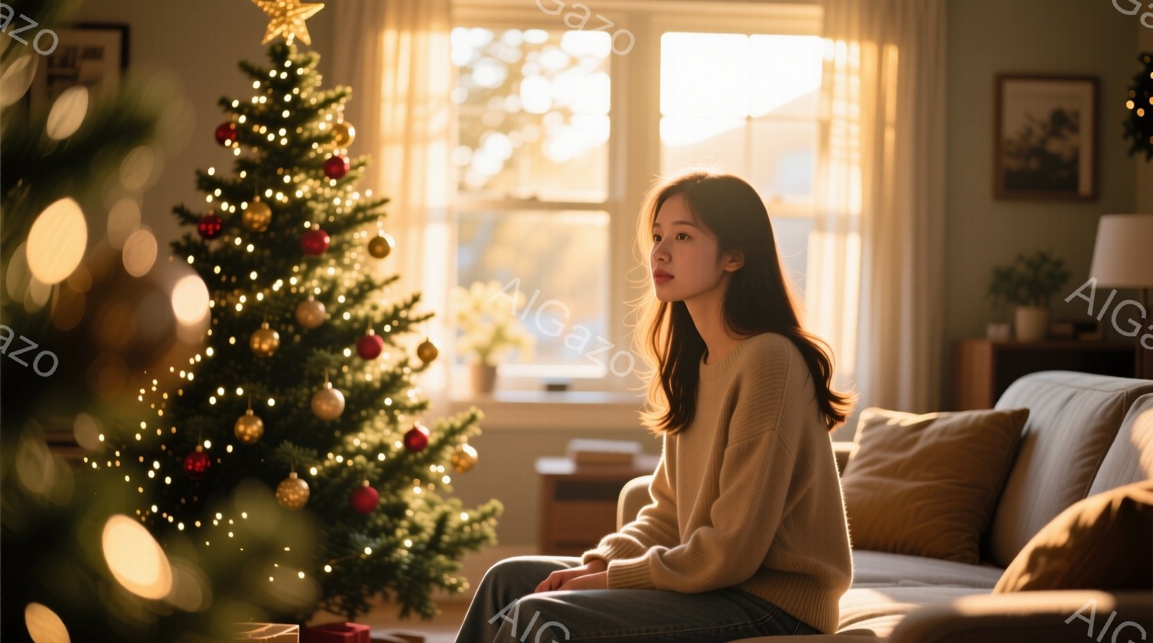 室内でクリスマスツリーが輝き、若い女性がソファに座って何かを考えている様子が描かれています。彼女はベージュのセーターを着ており、長く緩やかなウェーブヘアが特徴的です。窓から差し込む暖かい光が部屋全体を照らし、穏やかで内省的な雰囲気を醸し出しています。