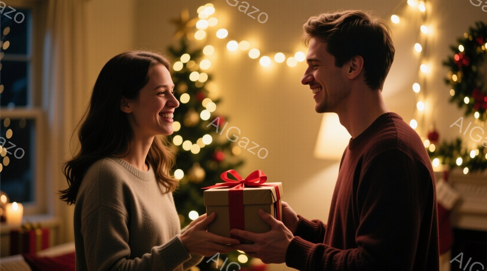 柔らかいニットを着た女性と男性が、プレゼントを交換し合っています。女性は嬉しそうな笑顔でプレゼントを受け取り、男性もまた満面の笑みを浮かべています。背景にはクリスマスツリーの光が輝き、暖かく幸せなクリ - AI生成フリー素材