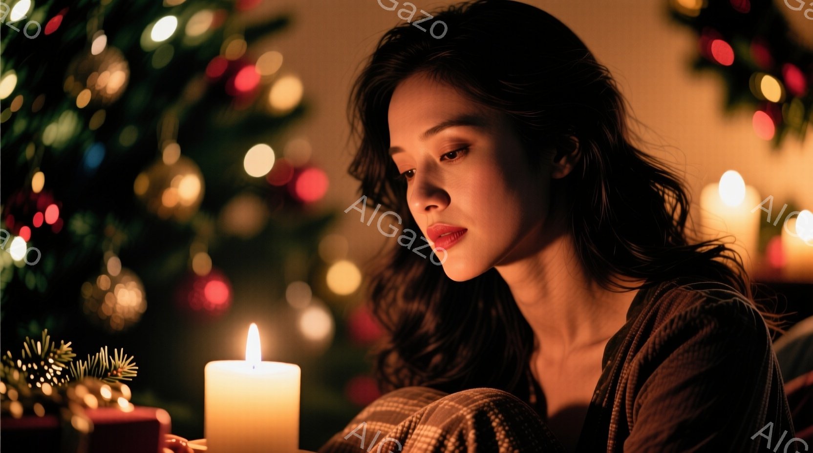 長い黒髪を無造作に垂らし、赤い口紅を塗った女性が、ぼんやりとどこかを見つめている。彼女はチェック柄の暖かいセーターを着ており、周りには点灯したキャンドルとクリスマスツリーのぼやけた光が広がり、落ち着い - AI生成フリー素材