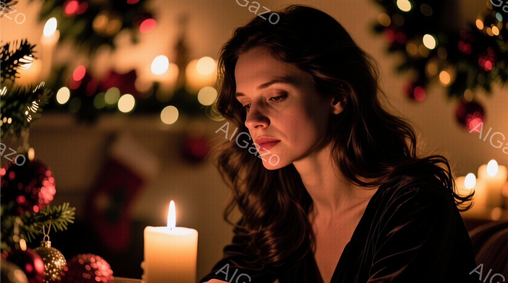 長い茶色の髪をした女性が、暗い部屋でろうそくを見つめている。彼女はベルベットのような黒い服を着ており、物憂げな表情をしている。背景にはぼやけたクリスマスツリーと装飾が映り、温かく、少し寂しげな雰囲気を醸し出している。