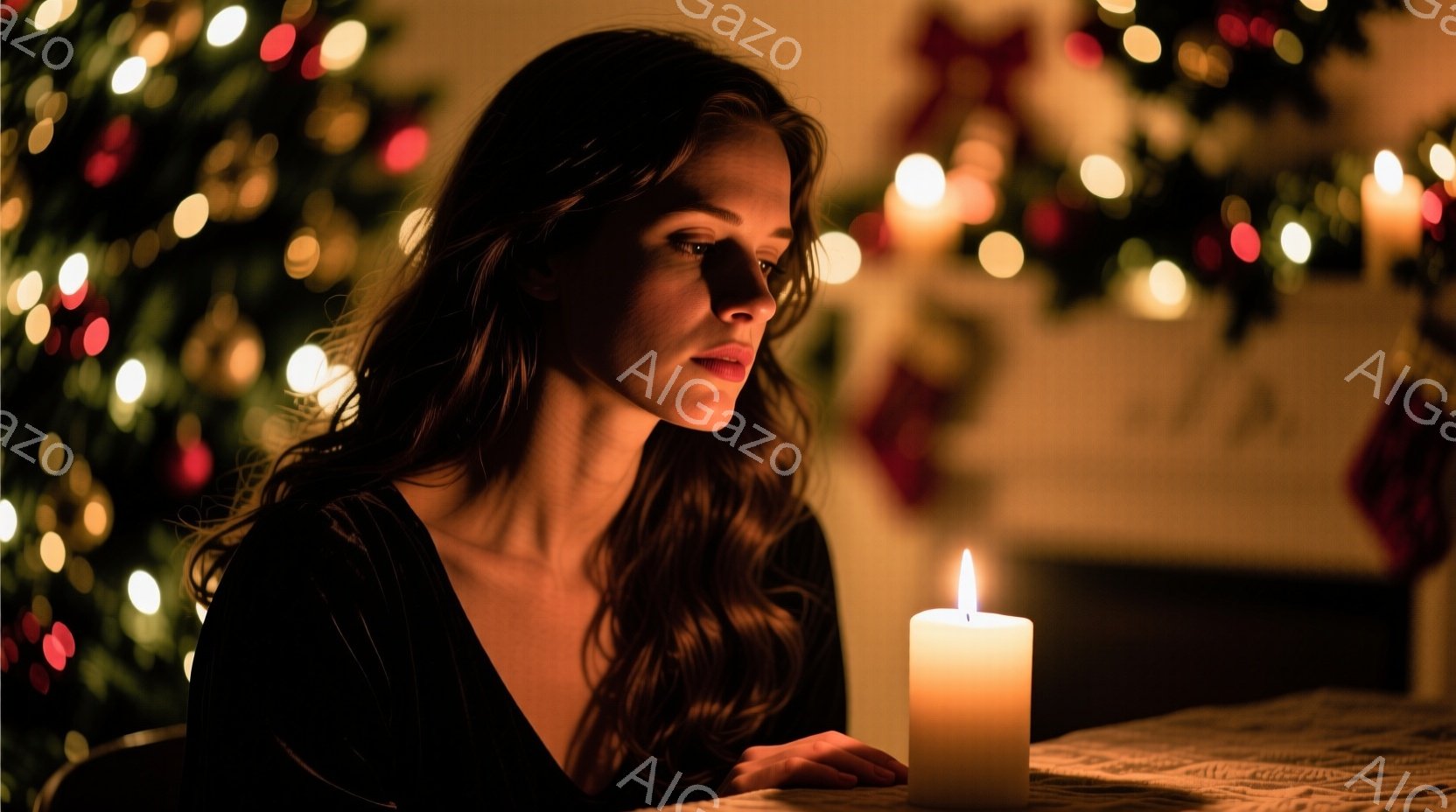 長いダークブラウンの髪をした女性が、テーブルの上に置かれた点灯しているキャンドルを見つめている。彼女は黒いVネックのドレスを着ており、少し憂いを帯びた表情をしている。背景にはぼやけたクリスマスツリーと装飾が見え、暖かく、静かで内省的な雰囲気を醸し出している。