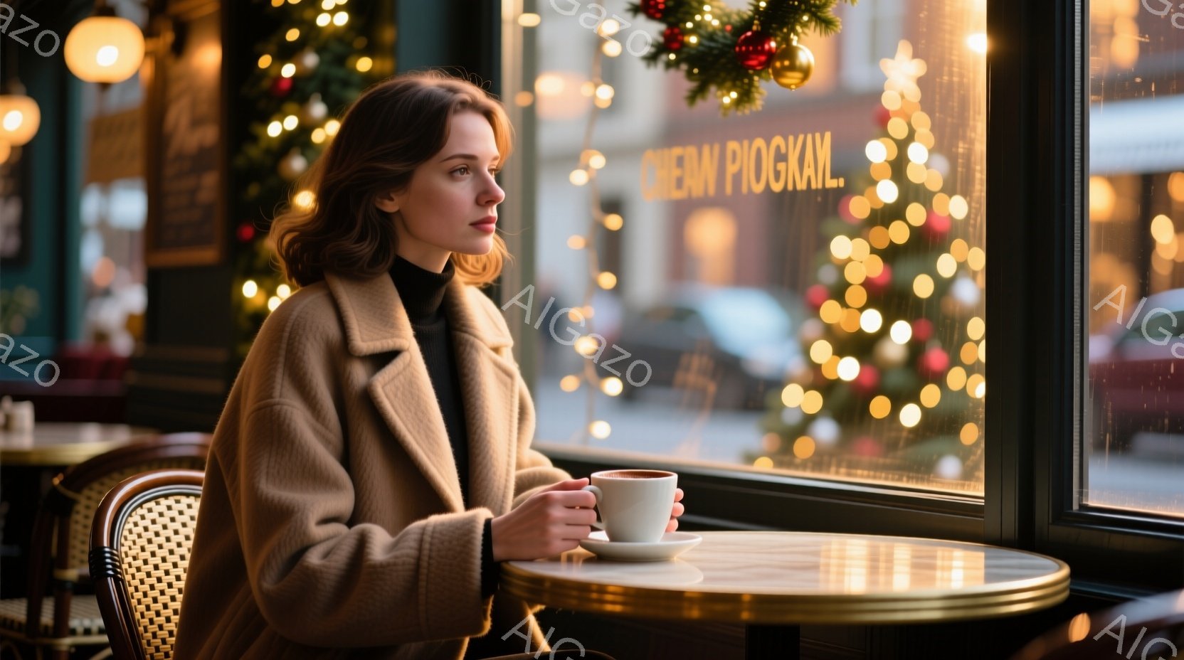 茶色いコートを着た若い女性が窓際のテーブルに座り、温かい飲み物を持っています。彼女は少し憂いを帯びた表情で外を眺めており、髪は肩までの長さでゆるく巻かれています。背景にはクリスマス装飾が施された店内で - AI生成フリー素材