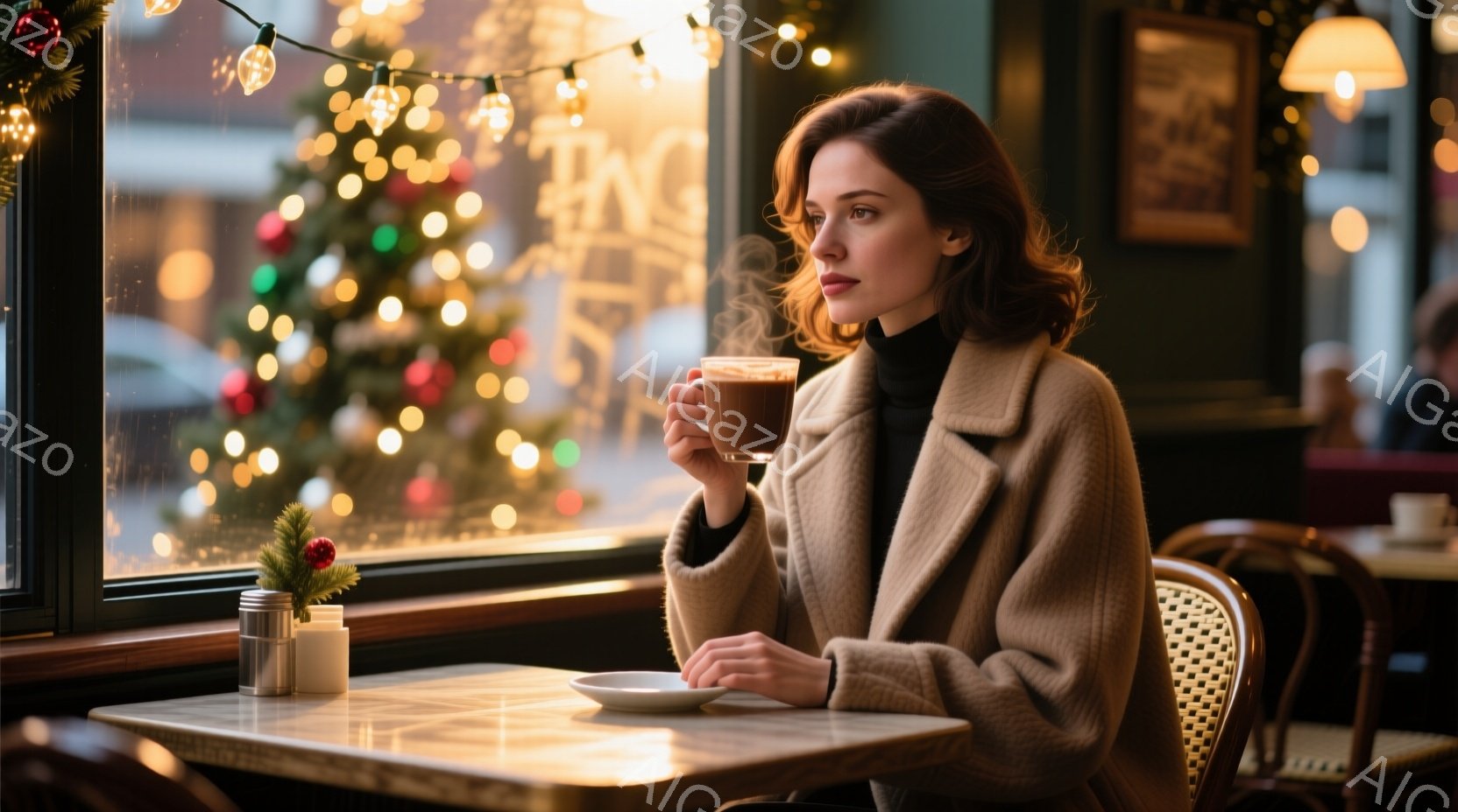 窓際のテーブルに座る女性は、キャメル色のコートと黒いセーターを着ています。彼女は少し憂いを帯びた表情で、温かい飲み物を手に持ち、外のぼやけたクリスマスツリーの光を見つめています。背景には、薄暗い室内と - AI生成フリー素材