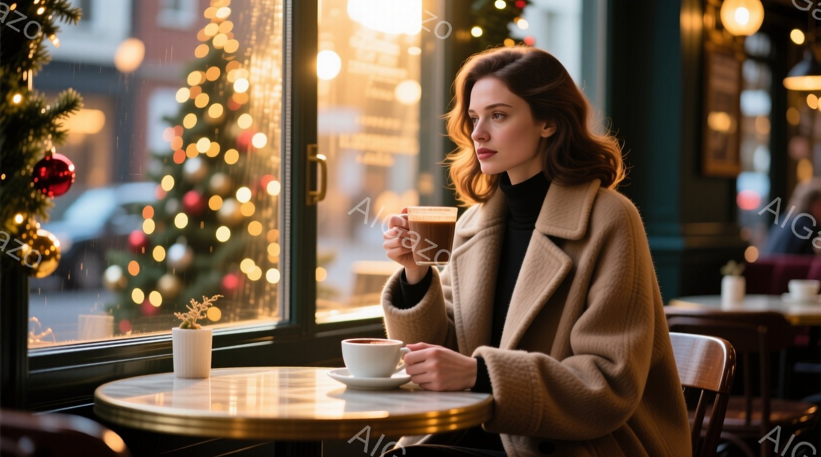 暖炉のそばのテーブルに座る女性は、キャメル色のコートと黒いセーターを着ています。彼女は横を向き、片手にカップを持って、物思いにふけっているような表情をしています。背景には、窓の外の街並み、そしてクリスマスツリーの飾り付けが見え、冬の暖かく、少し寂しげな雰囲気が漂っています。