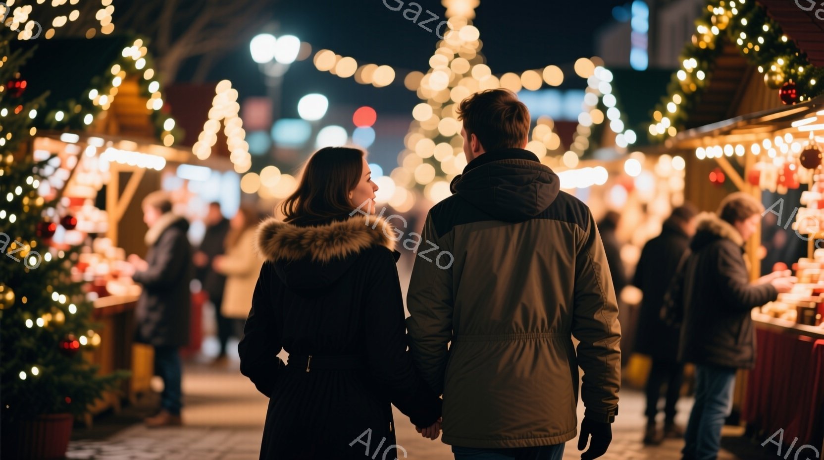 後ろ姿の男女が手をつないで歩いている。女性は黒いファー付きのコートを着ており、男性はベージュ色のジャケットを着ている。背景にはクリスマスのイルミネーションやマーケットの屋台が並び、冬の夜の暖かく賑やか - AI生成フリー素材