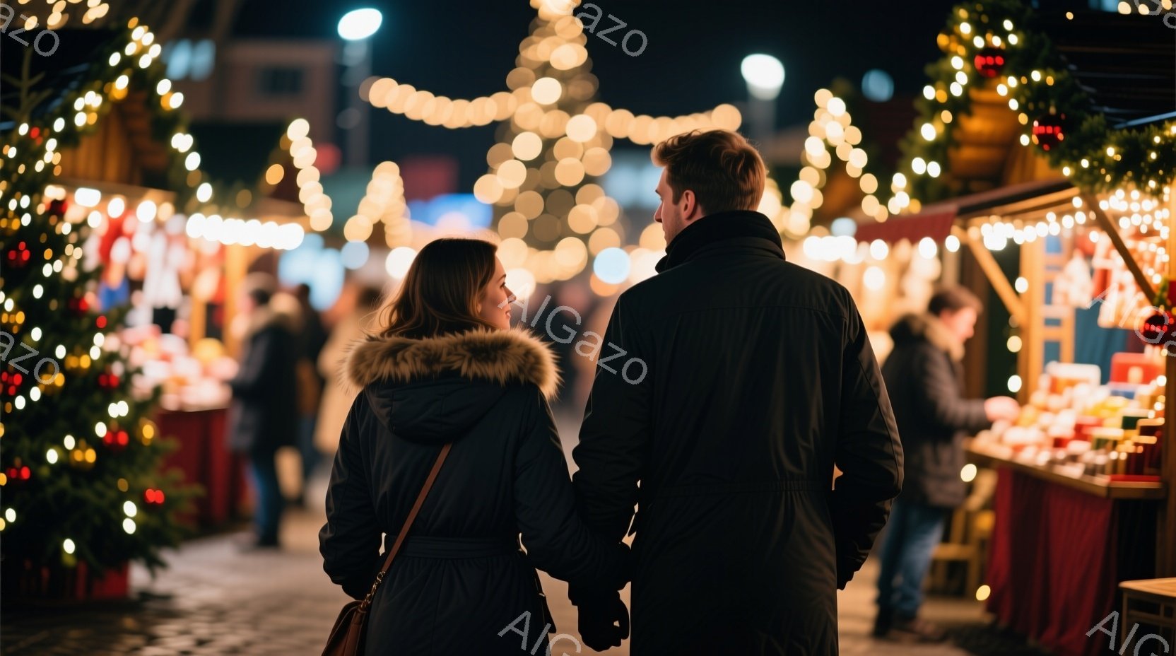 カップルはクリスマスマーケットで手をつないで歩いています。女性はファー付きの黒いジャケットと肩にかかるバッグを着ており、男性は黒いコートを着ています。背景にはクリスマスツリーやイルミネーションで飾られた屋台が並び、温かく華やかな雰囲気が漂っています。