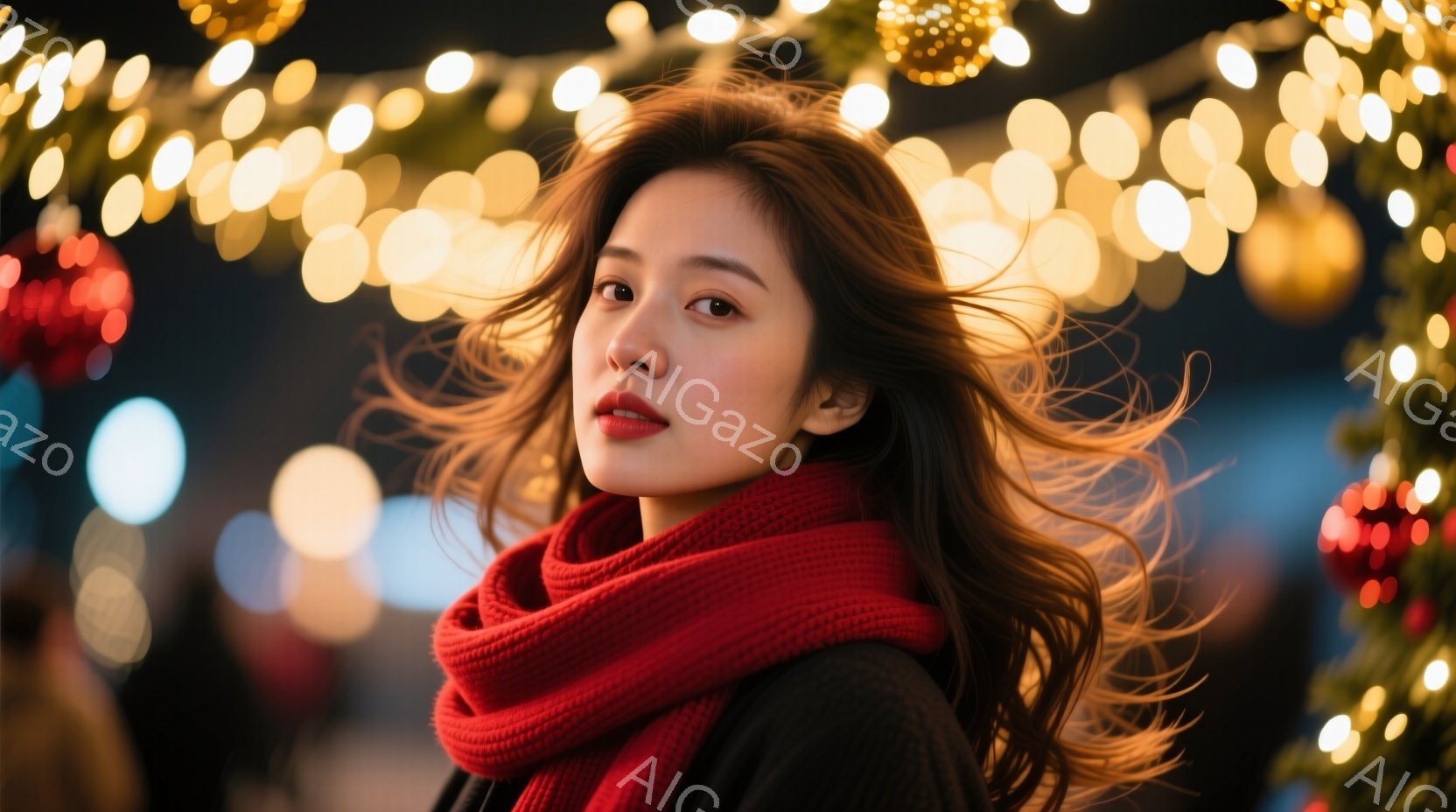 長い茶色の髪を風になびかせ、赤いニットのショールを巻いた若い女性が写っている。彼女は真っ赤なリップをつけ、カメラに向かって少し微笑んでいる。背景には、ぼやけたクリスマスツリーと輝く電飾が散りばめられ、 - AI生成フリー素材