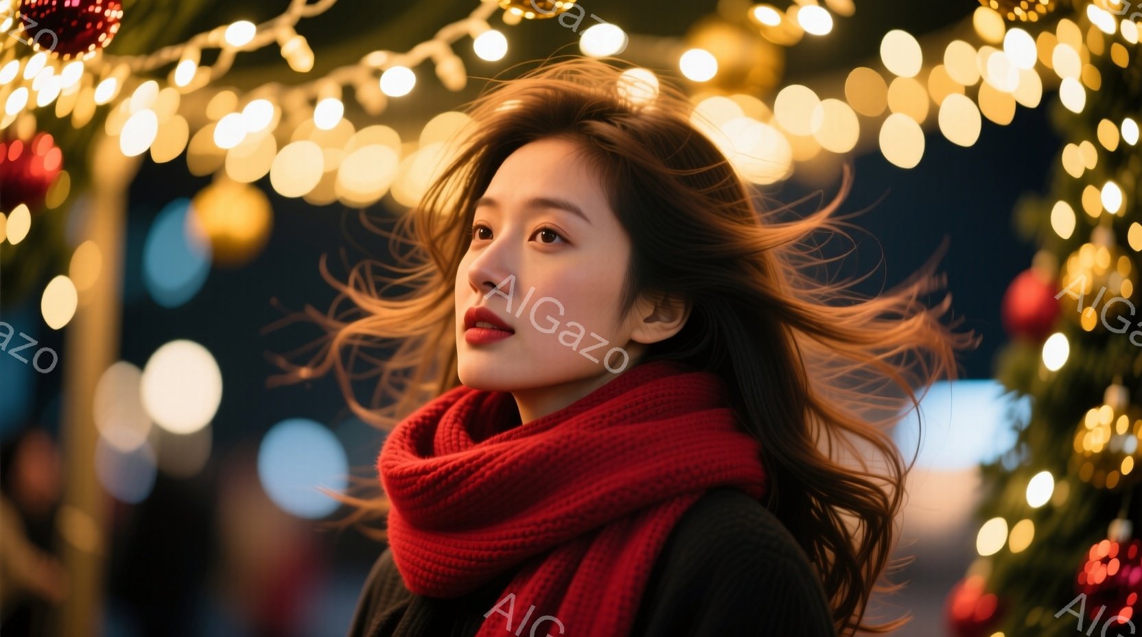 長い黒髪を風になびかせながら、赤いニットのネックウォーマーを巻いた女性が、少し上目遣いに何かを見つめています。彼女は黒い服を着ており、唇には鮮やかな赤色の口紅を塗っています。背景にはクリスマスツリーや光の装飾がぼんやりと見え、冬の夜の暖かく幻想的な雰囲気を醸し出しています。