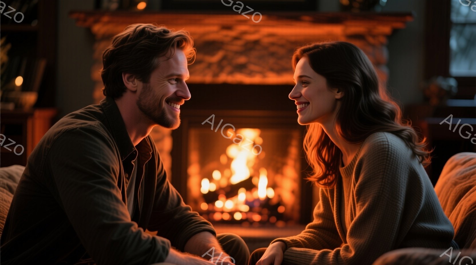 二人は暖炉の前で寄り添い、微笑み合っています。男性はダークブラウンの髪で髭を生やし、セーターを着ています。女性はロングヘアで同じくセーターを着ており、穏やかな表情をしています。 - AI生成フリー素材