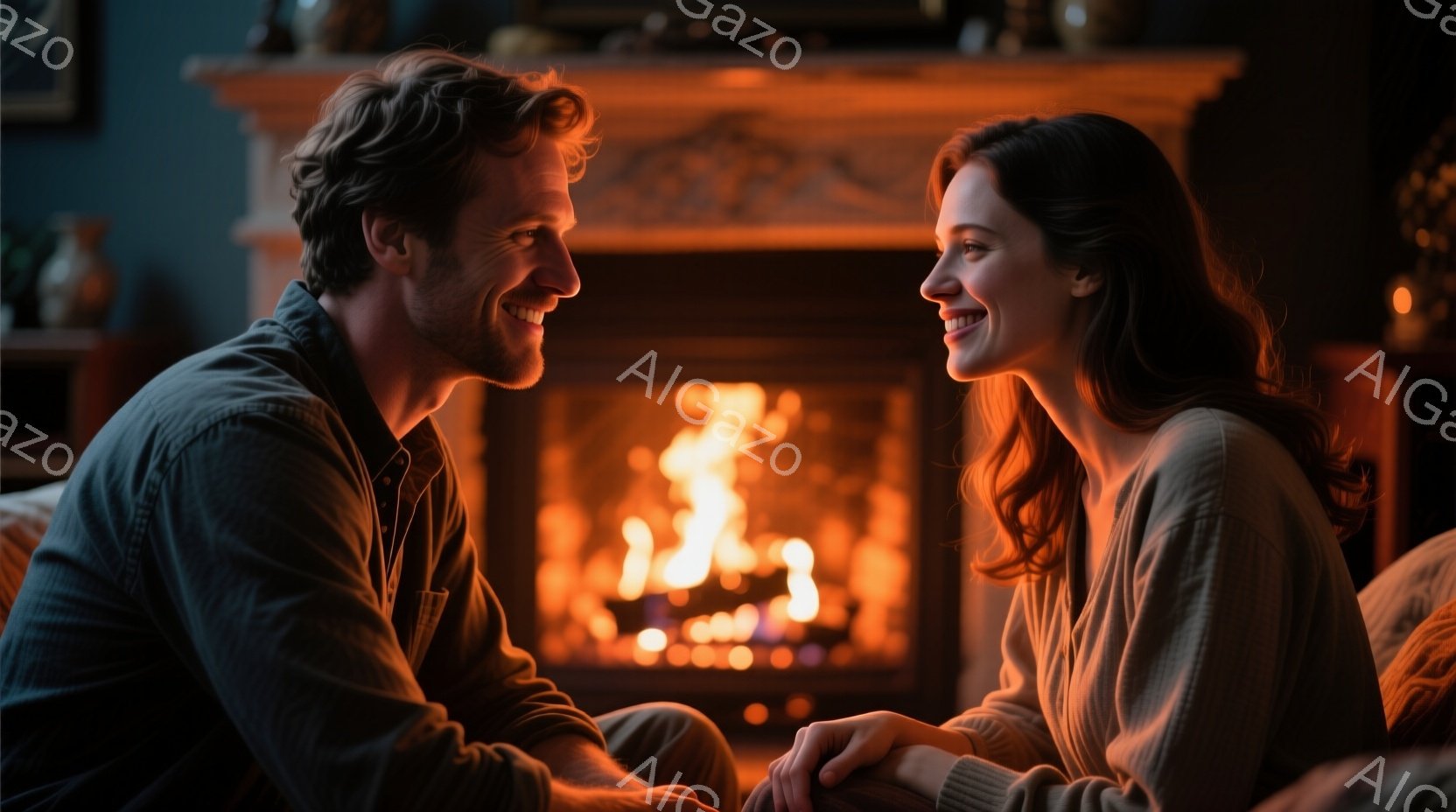 暖炉の前で寄り添う男女が写っている。男性は濃い茶色の髪で、穏やかな笑顔を浮かべており、濃い青色のセーターを着ている。女性は赤茶色の髪をゆるく垂らし、同じように微笑みながら、ベージュ色のセーターを着てお - AI生成フリー素材