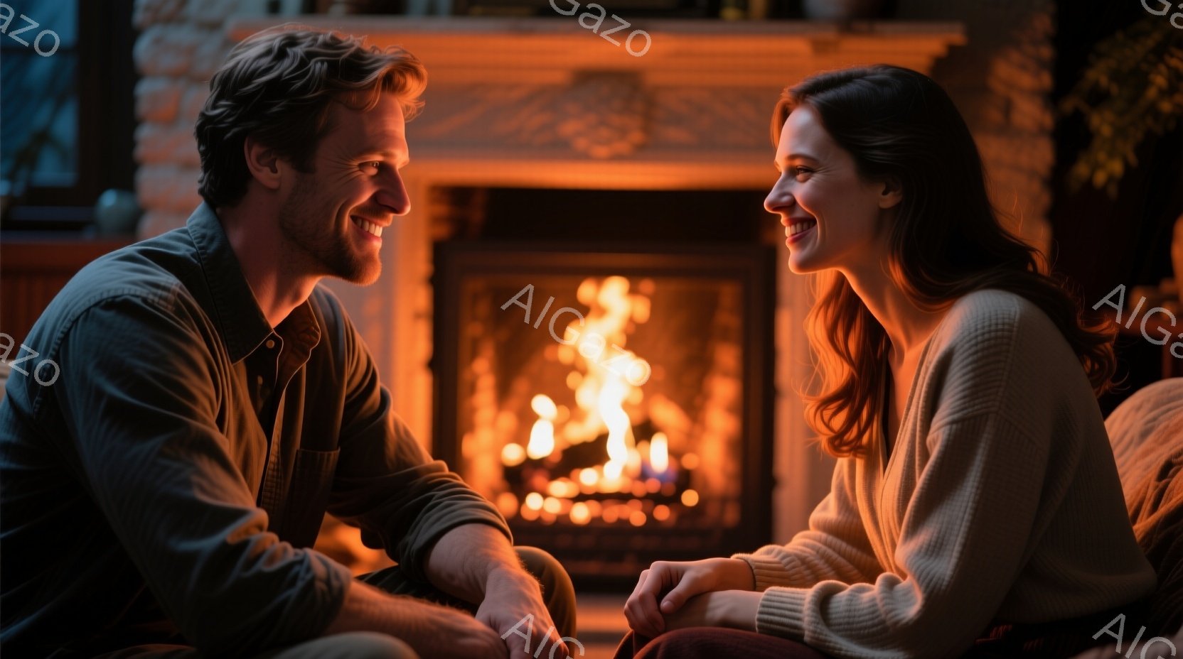 暖炉の前で寄り添う男女が写っている。男性はカーキ色のシャツを着ており、少し無精髭を生やし、微笑んでいる。女性はベージュのセーターを着て、髪を軽くウェーブさせており、優しく微笑みながら男性を見つめている - AI生成フリー素材