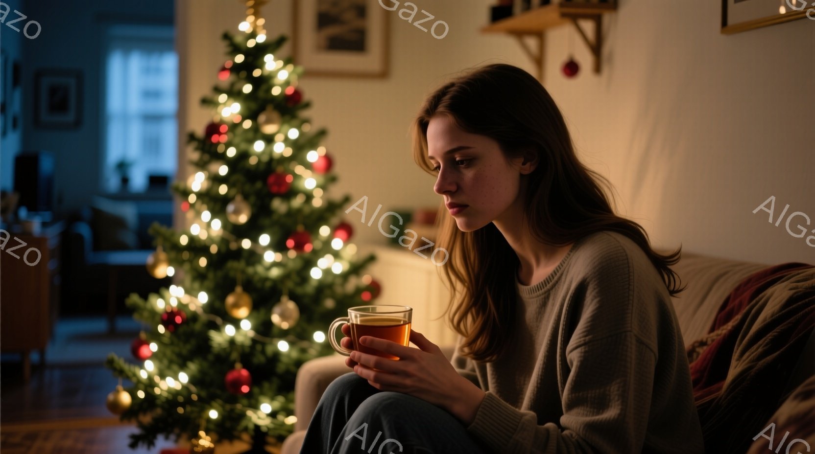 長い茶色の髪をした女性が、暖かい色のセーターを着てソファに座り、手にマグカップを持っています。彼女は少し憂いを帯びた表情で、遠くを見つめています。背景にはクリスマスツリーが飾られ、部屋全体が温かく、静かで、少し物憂げな雰囲気を醸し出しています。