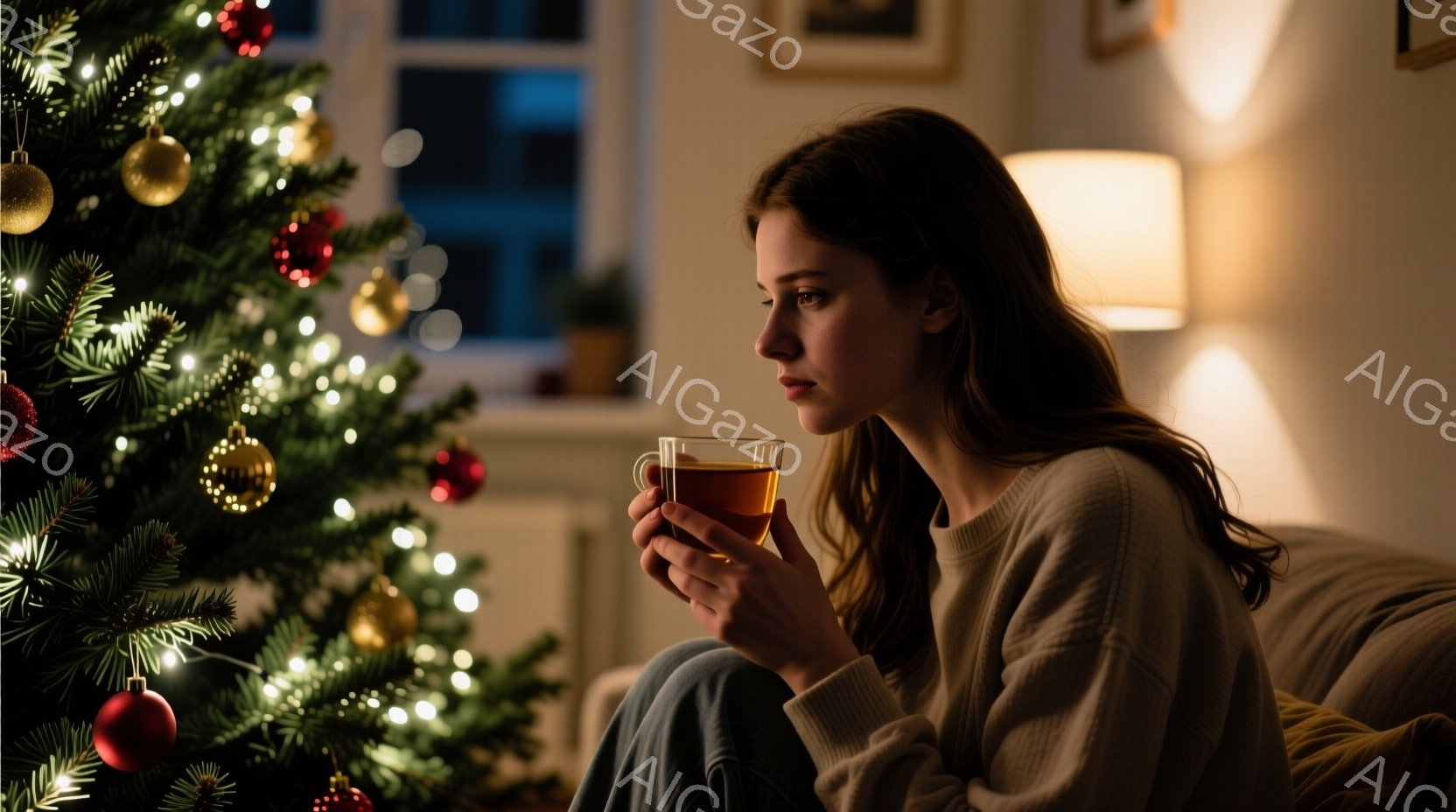 長い茶色の髪を肩から垂らした女性が、ソファーに座って温かい飲み物を手に持っています。彼女は落ち着いた表情で、どこか遠くを見つめており、ベージュのセーターと濃い色のズボンを身につけています。背景には、オーナメントで飾られたクリスマスツリーがあり、暖かく穏やかな雰囲気を醸し出しています。