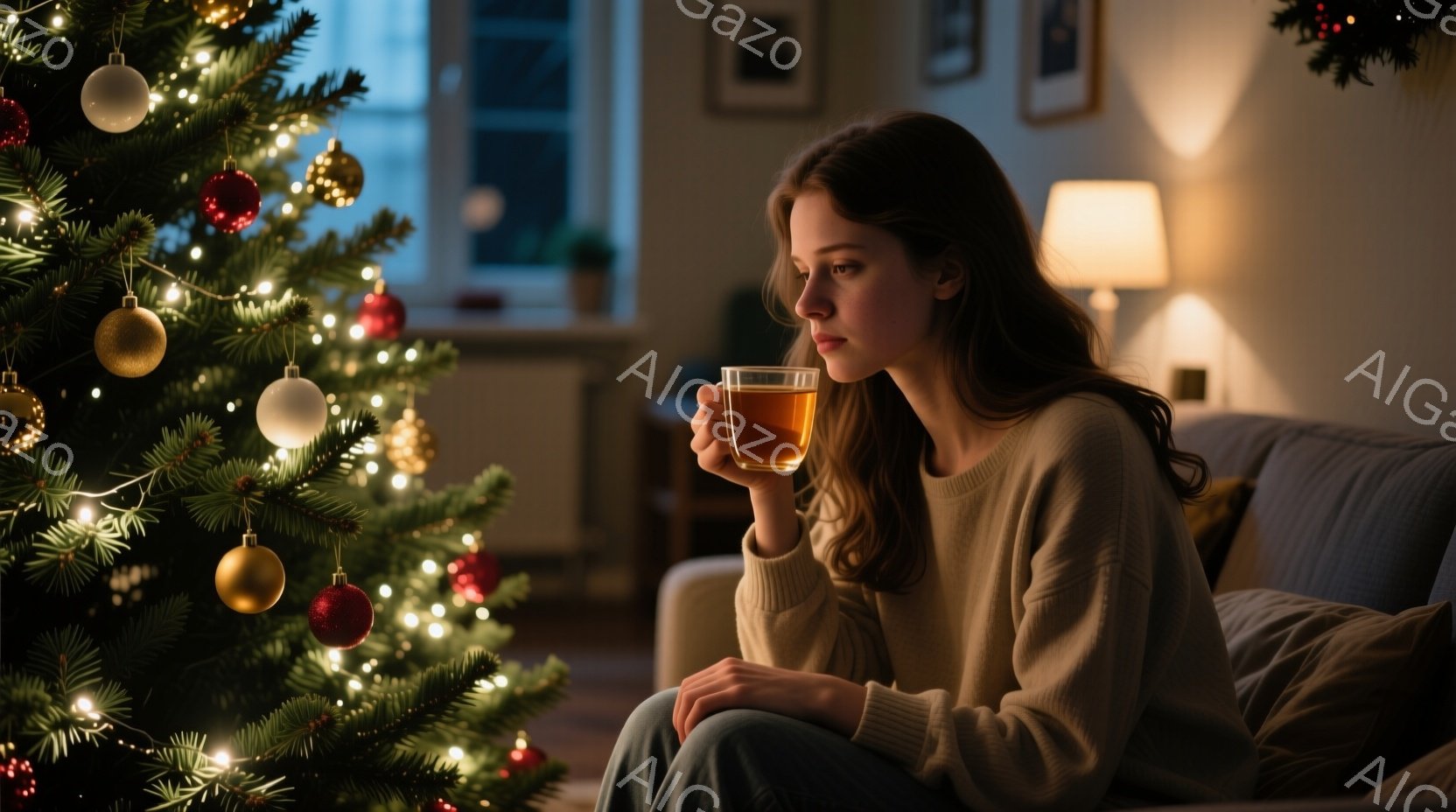 クリスマスツリーの光が暖かく輝くリビングで、女性がソファに座り、温かい飲み物を手に持っています。彼女はベージュのセーターを着ており、長い髪はルーズに肩にかかっています。憂いを帯びた表情で遠くを見つめ、静かで瞑想的な雰囲気を醸し出しています。