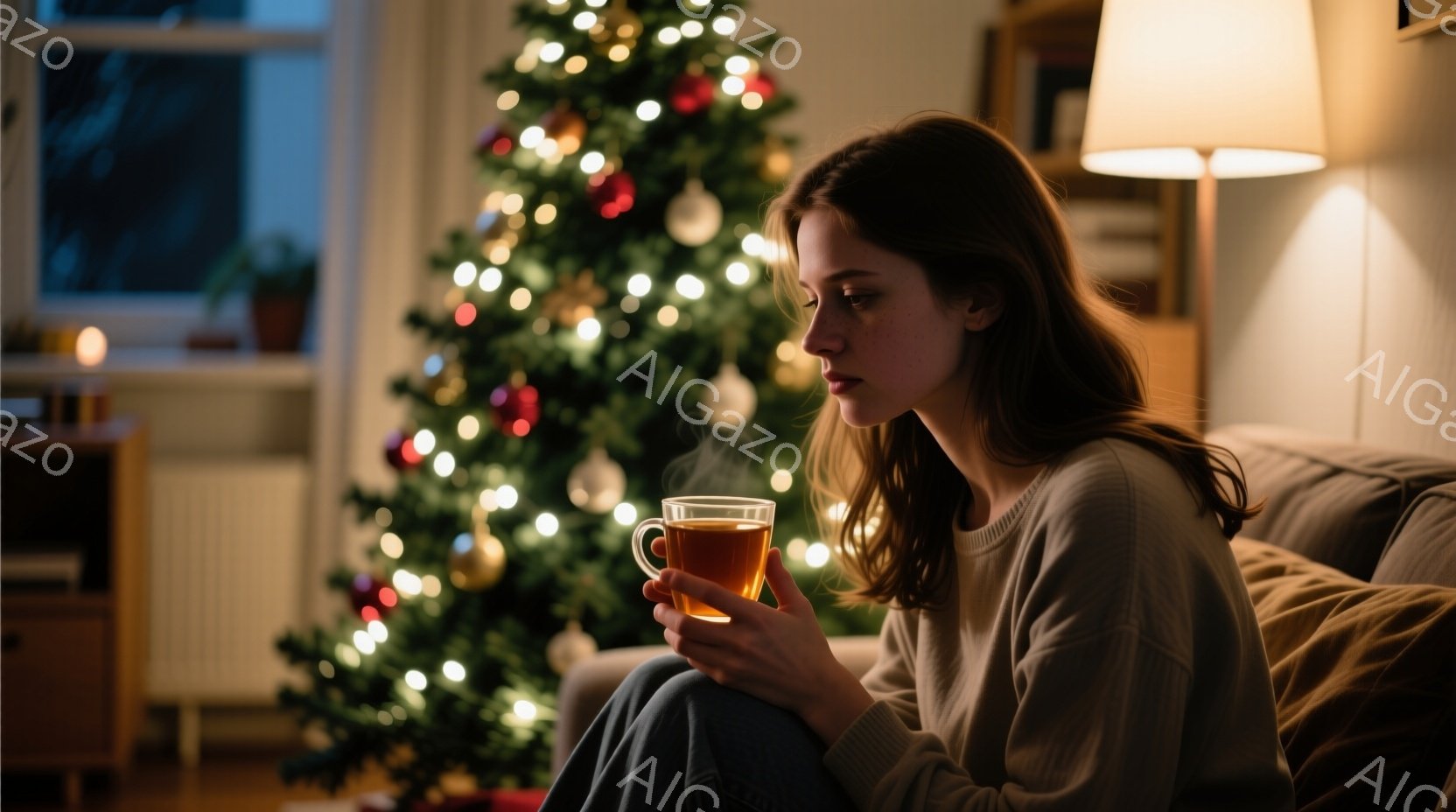 長い茶色の髪を無造作に垂らした女性が、ベージュ色のセーターとジーンズを着てソファに座っています。彼女は湯気の立つマグカップを持っており、少し憂いを帯びた表情で何かを考えているようです。背景には、キラキラと輝くクリスマスツリーと、暖かく柔らかな光が灯るランプがあり、静かで落ち着いた雰囲気を醸し出しています。