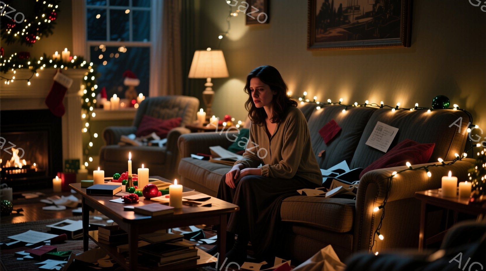 暖炉のそばにある居間に女性が座っています。彼女は茶色の髪で、暗い表情をしており、落ち着かない様子でソファに座っています。部屋はキャンドルやクリスマスライトで照らされ、床には散らかった紙や本がおり、少し混乱した雰囲気です。
