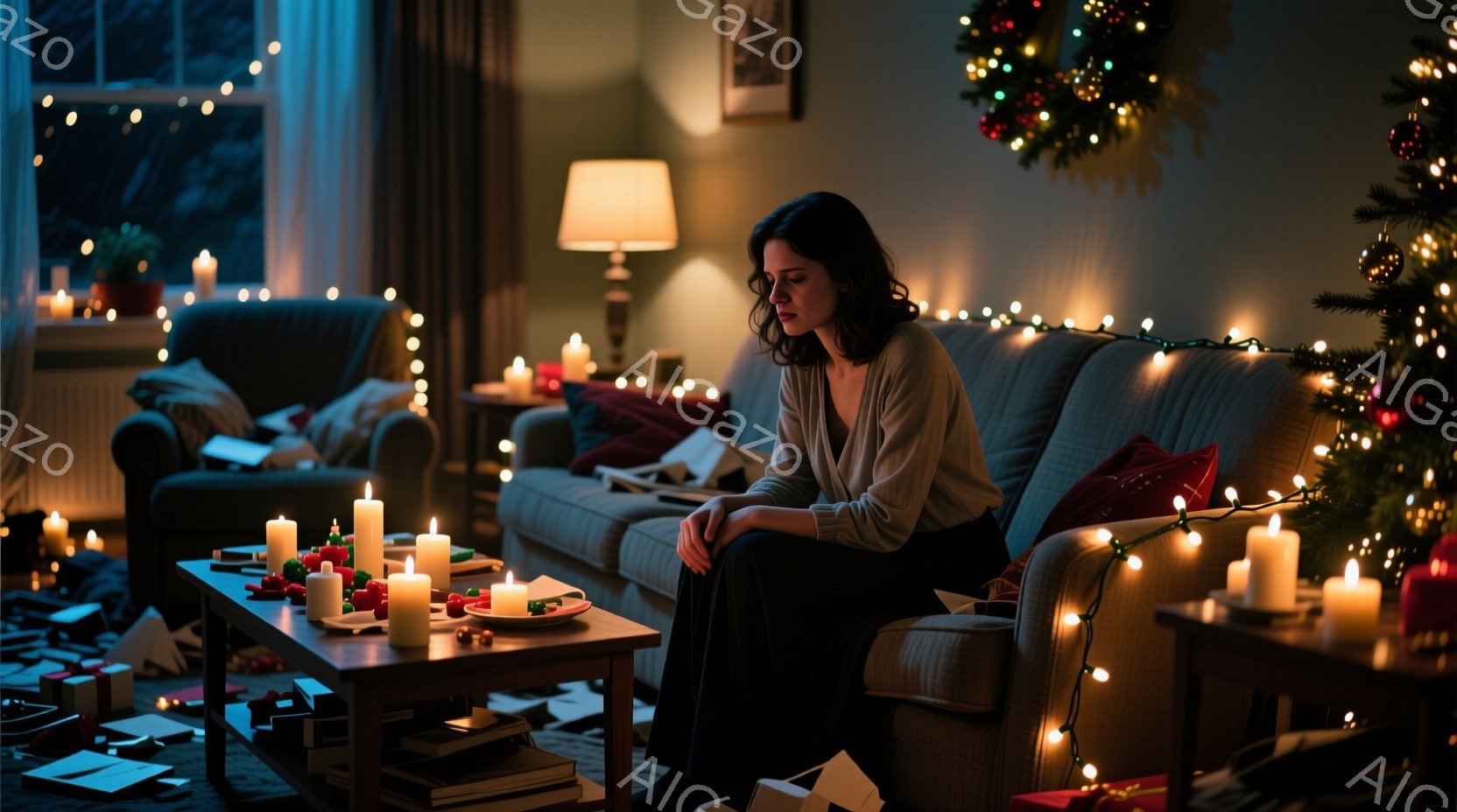 室内はクリスマスデコレーションで飾られ、暖炉のそばに女性が座っています。彼女は落ち着いた色の服を着ており、少し悲しげな表情で遠くを見つめています。多くのキャンドルが床やテーブルに置かれ、薄暗い照明が寂しげな雰囲気を醸し出しています。