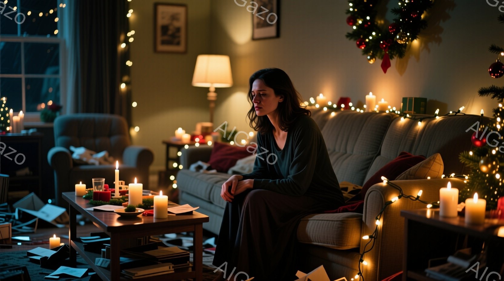 長いダークブラウンの髪をした女性が、薄暗いリビングのソファに座り、少しうつむき加減で何かを考えているように見える。周りにはたくさんのキャンドルが灯されており、床には何か紙のようなものが散乱している。クリスマスツリーがぼやけて見え、室内は暖かく、しかしどこか寂しげな雰囲気を漂わせている。